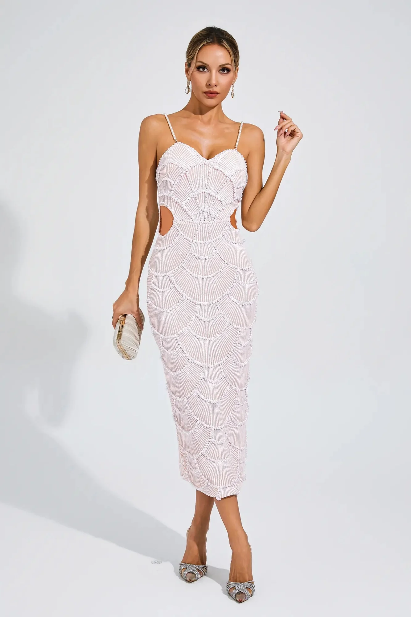 Beige Pearl Embellished Slip Midi Dress