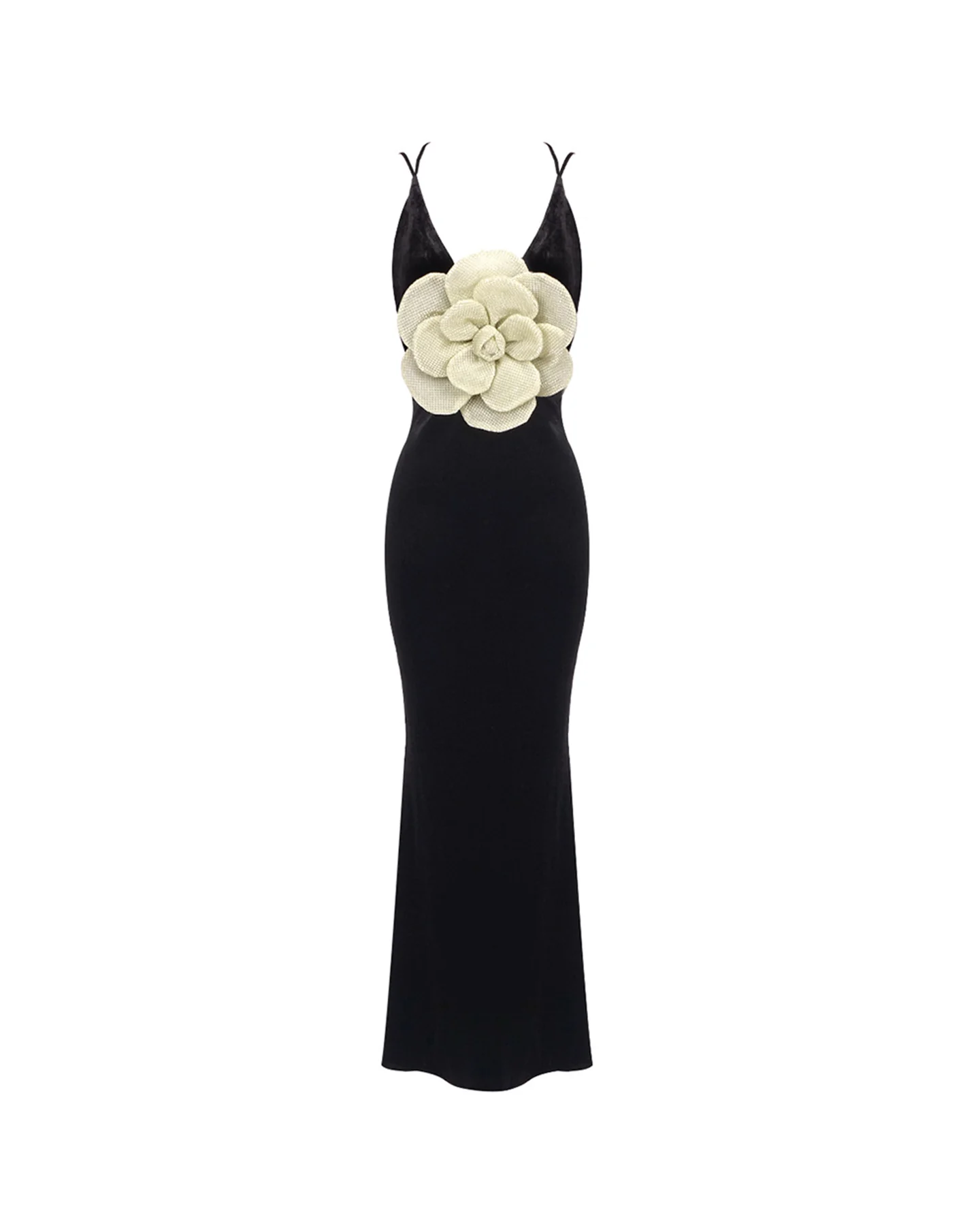 Black 3D Floral Bodycon Maxi Dress - Elegant Formal Wear