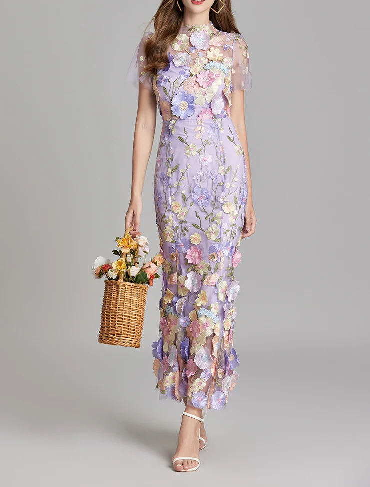 Floral Embroidered Mesh Fishtail Midi Dress