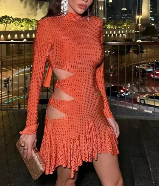 Sparkling Rhinestone Mini Dress - Vibrant Orange