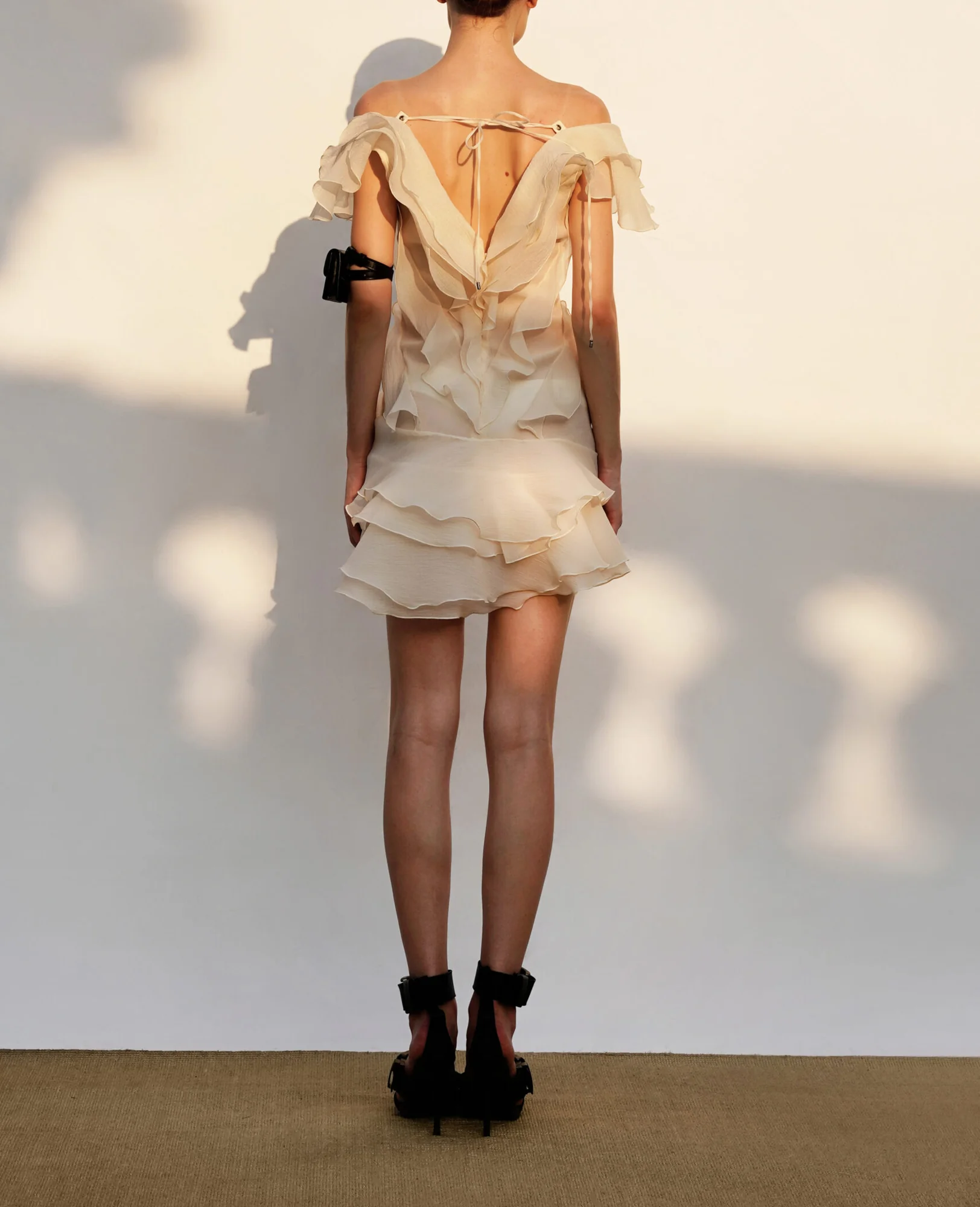 Beige Strapless Mini Dress with Ruffle Layers