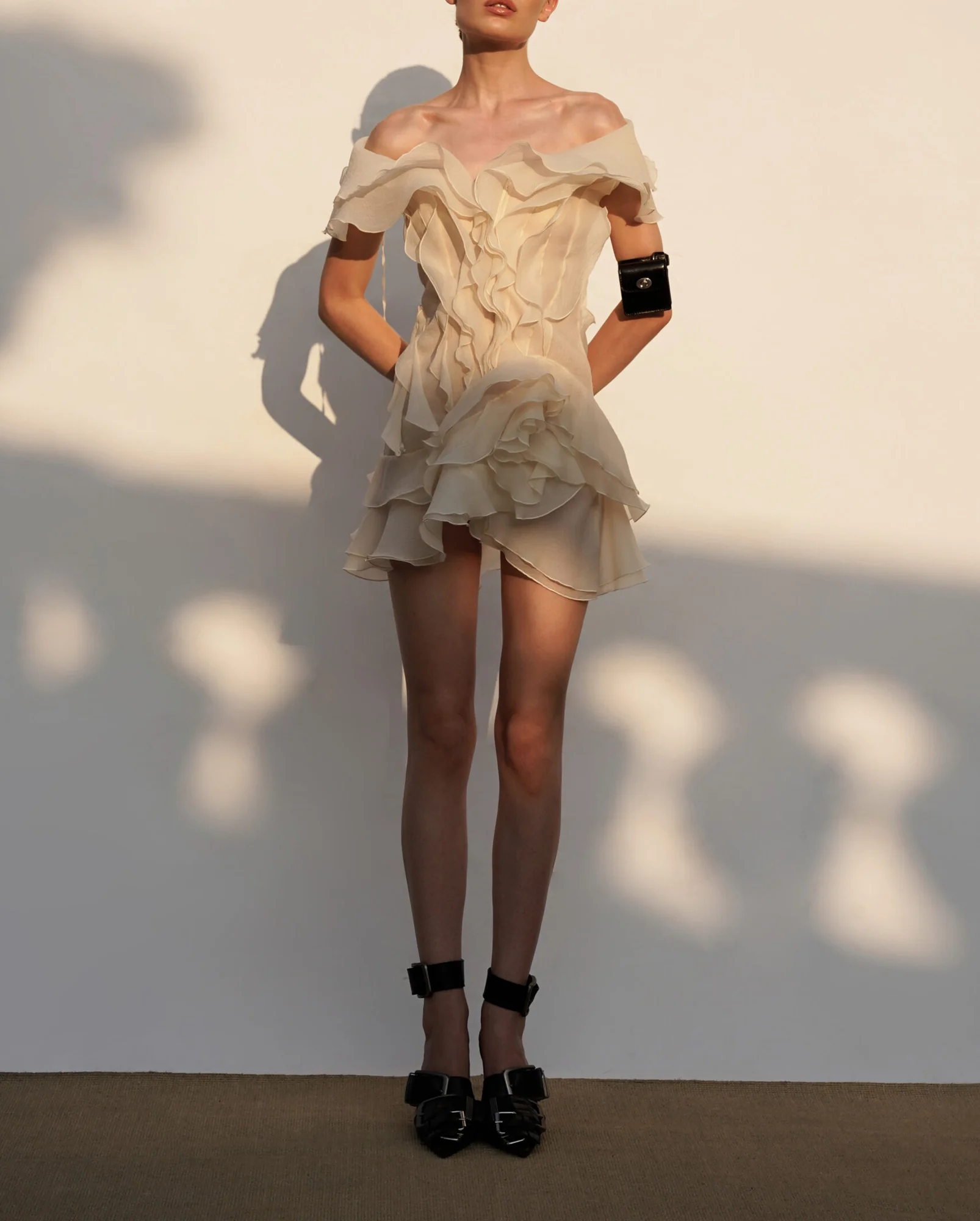 Beige Strapless Mini Dress with Ruffle Layers