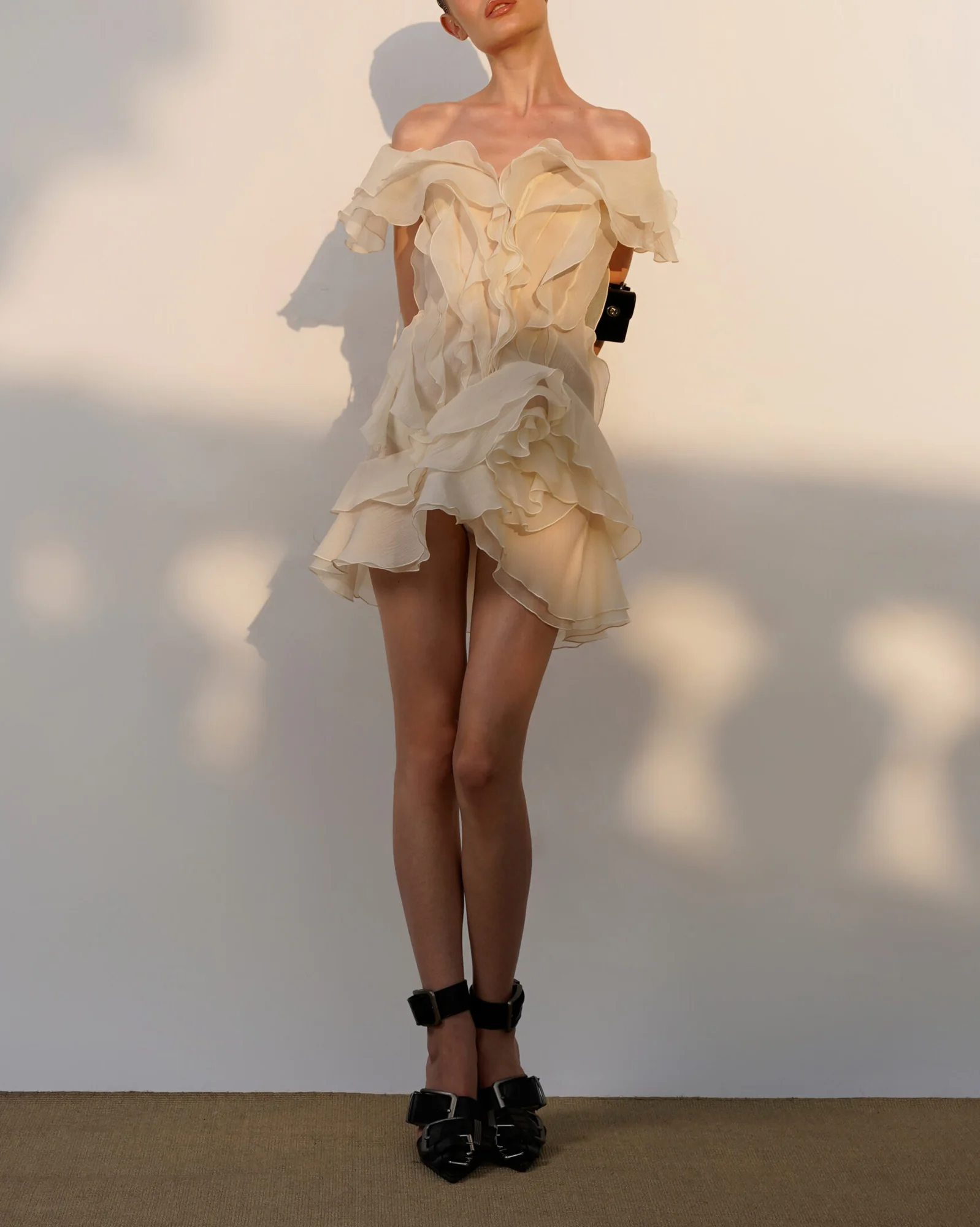 Beige Strapless Mini Dress with Ruffle Layers