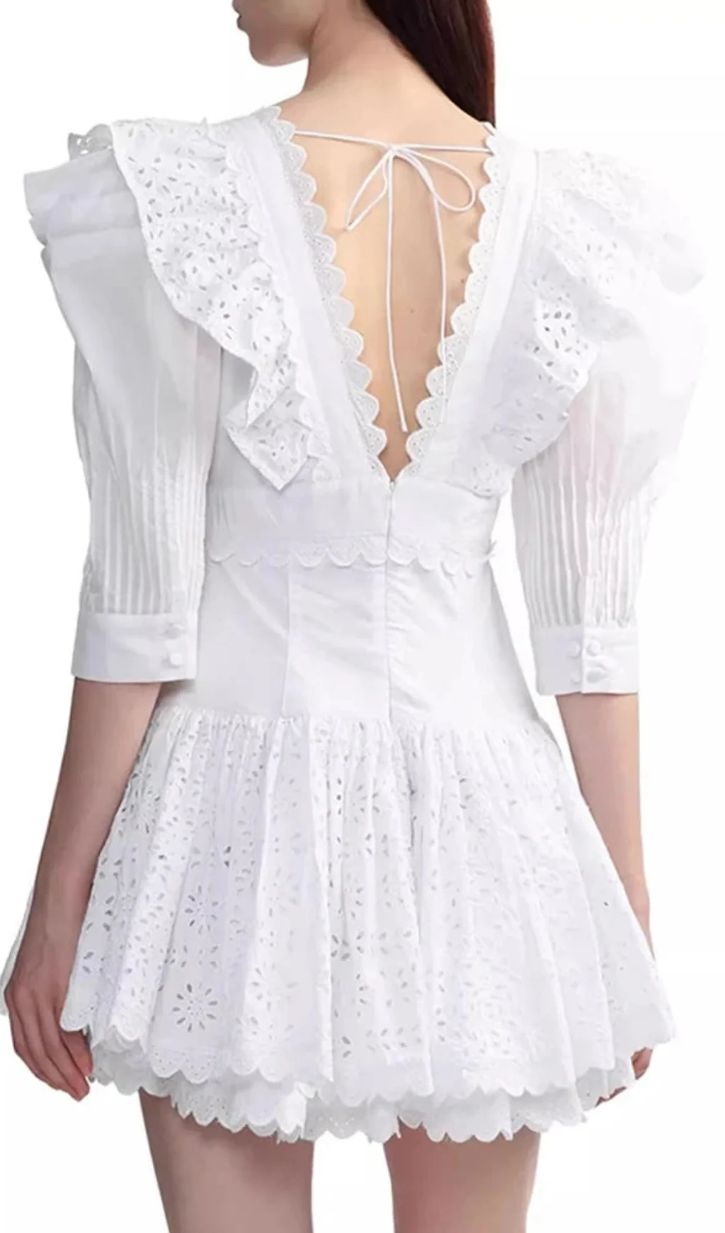 White Embroidered Ruffle Mini Dress with Plunge Neckline
