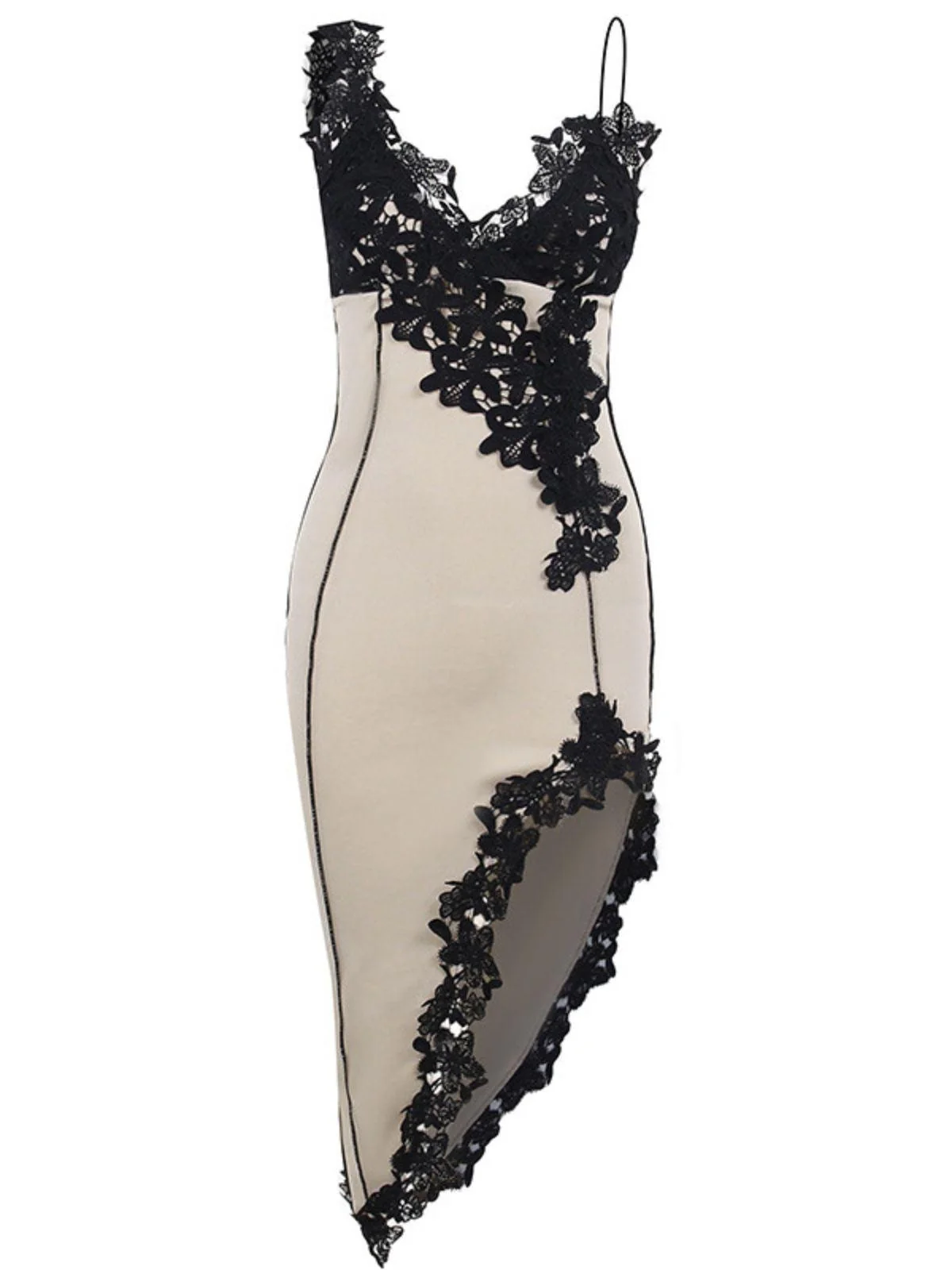 Elegant Lace V-Neck Asymmetric Midi Dress