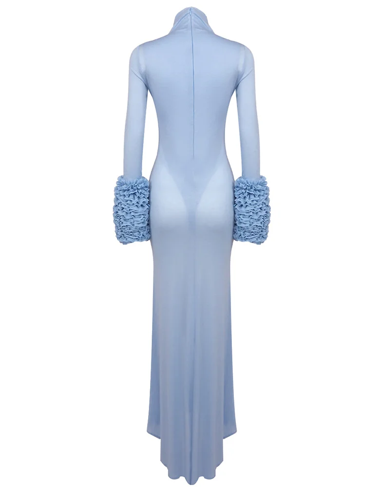 Pale Blue Ruffled Turtleneck Maxi Dress - Elegant Style Statement