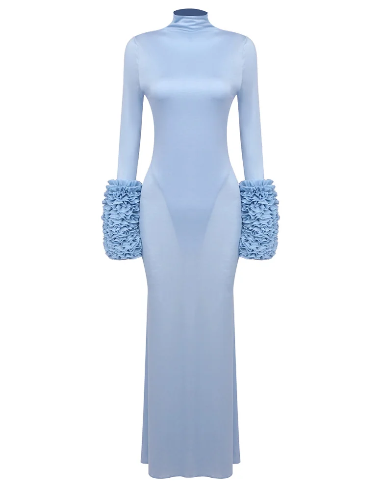 Pale Blue Ruffled Turtleneck Maxi Dress - Elegant Style Statement