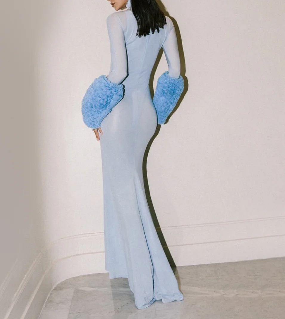 Pale Blue Ruffled Turtleneck Maxi Dress - Elegant Style Statement