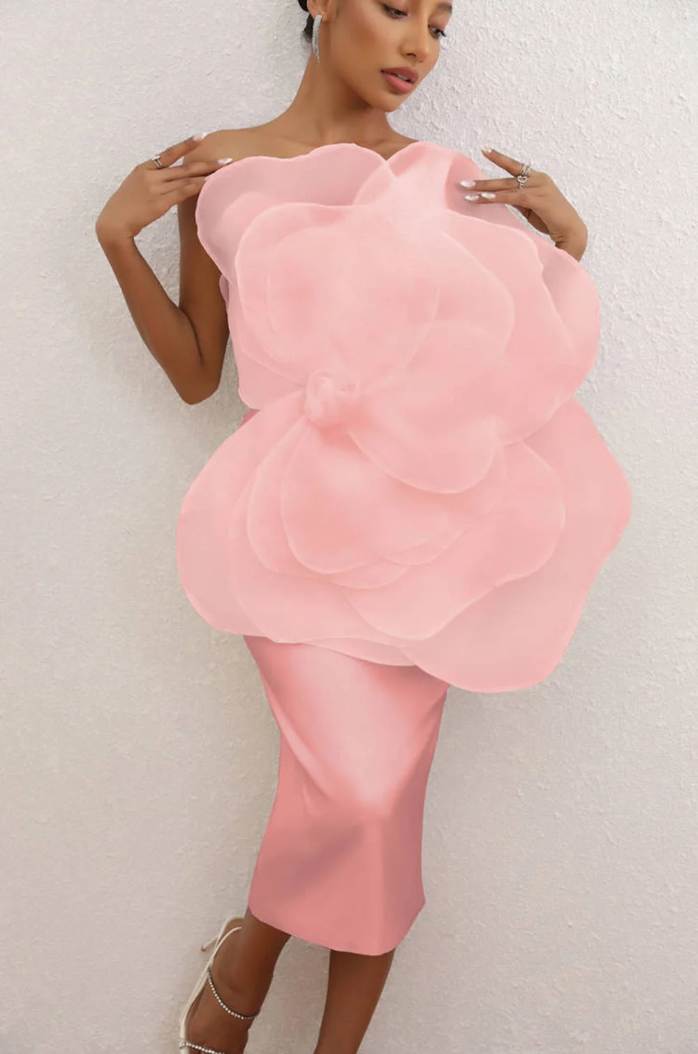 Pink Mesh One Shoulder Midi Dress for Special Occasions