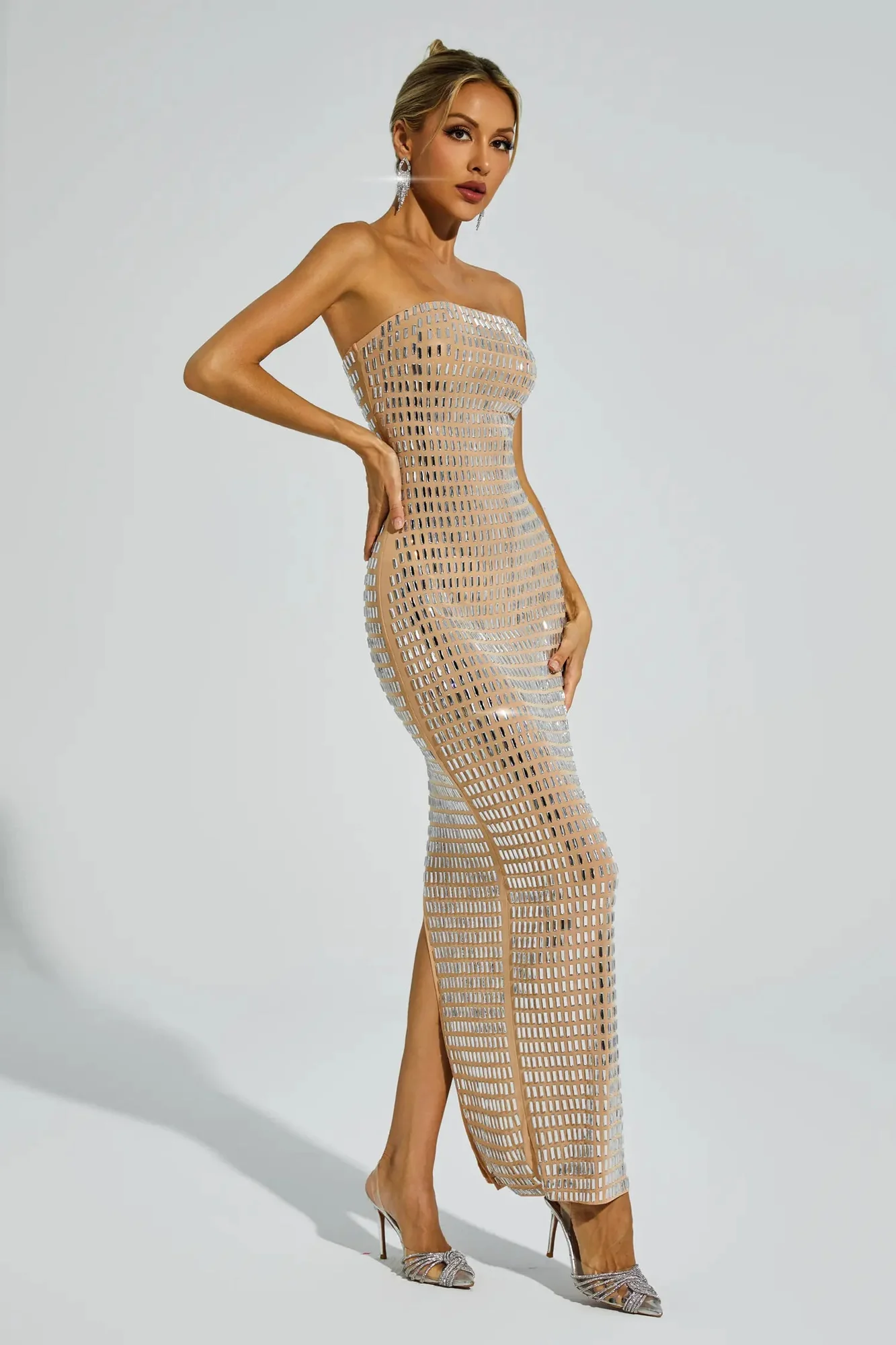 Champagne Diamond Off Shoulder Maxi Dress