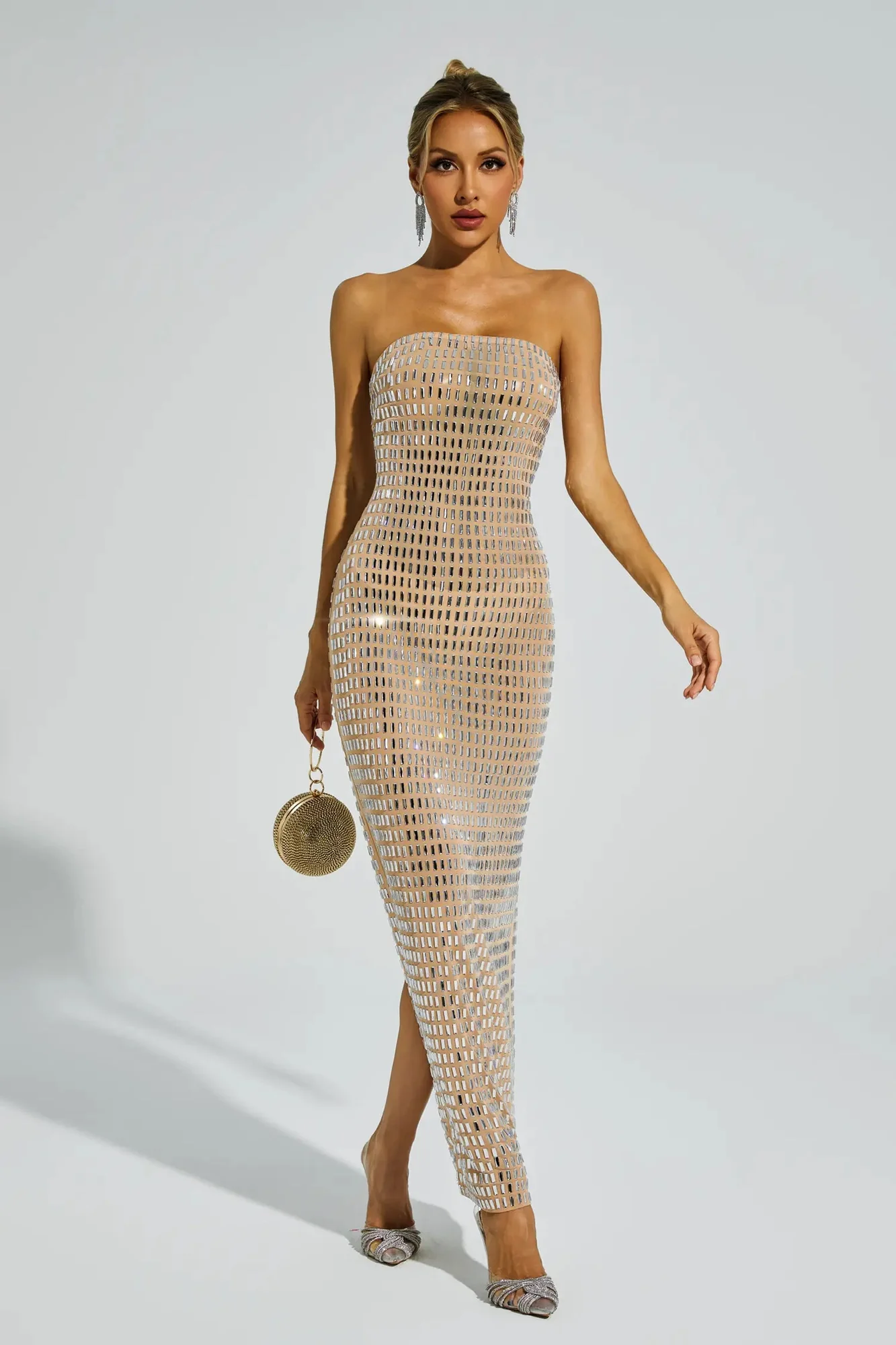 Champagne Diamond Off Shoulder Maxi Dress