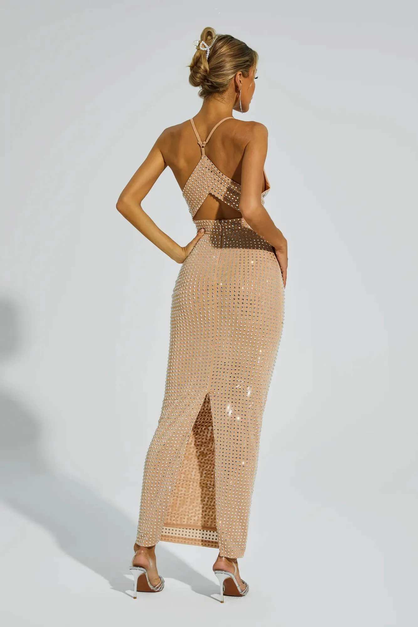 Beige Cutout Halter Maxi Dress - Elegant & Glamorous