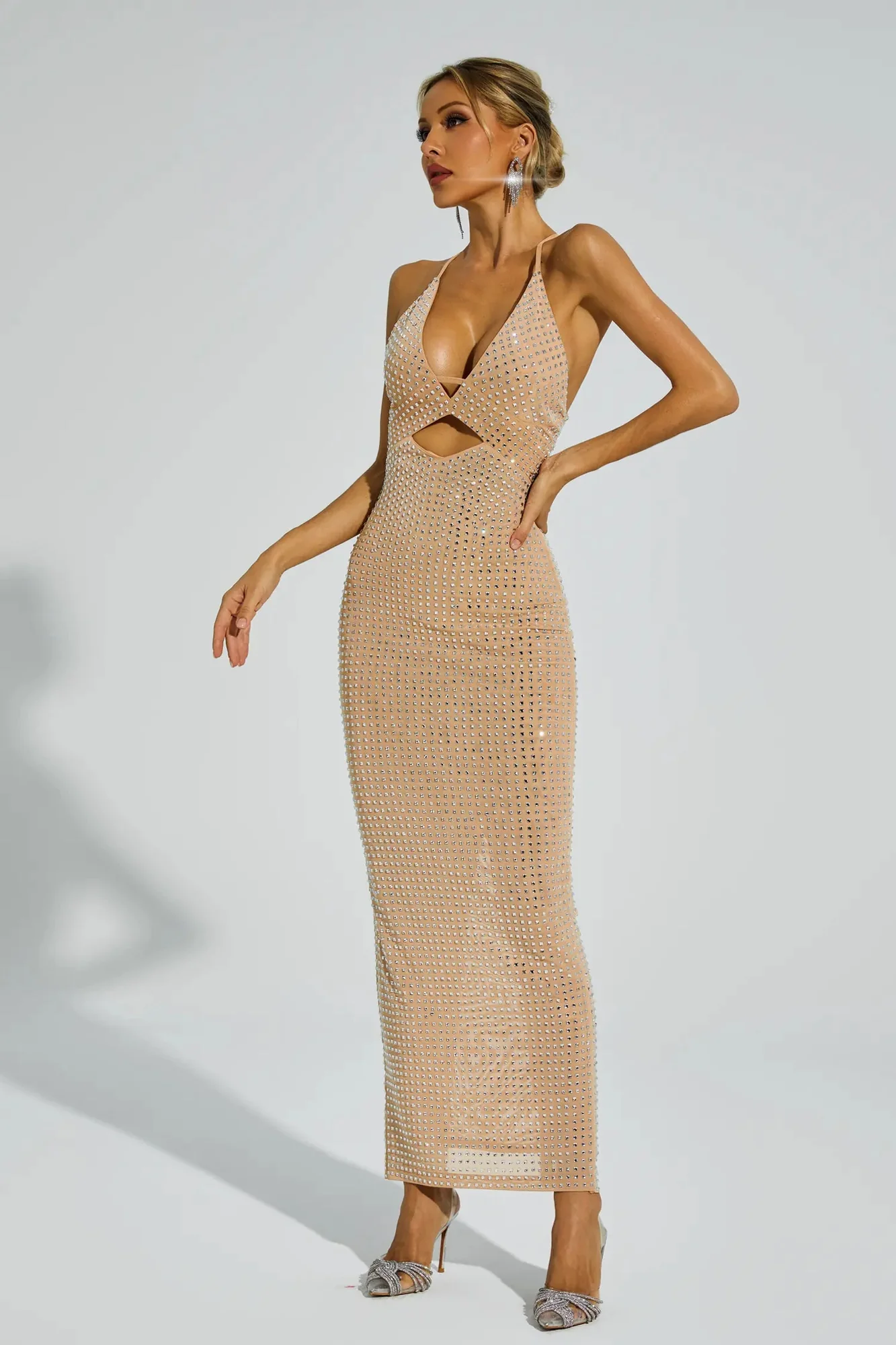 Beige Cutout Halter Maxi Dress - Elegant & Glamorous