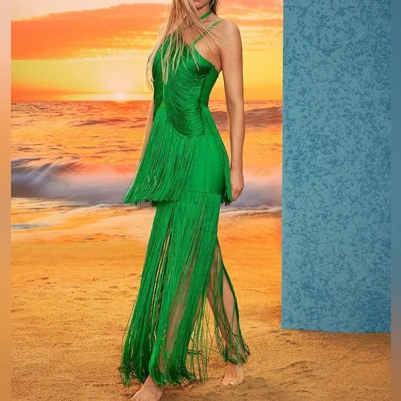 Green Halter Neck Fringe Midi Dress - Elegant Statement Piece