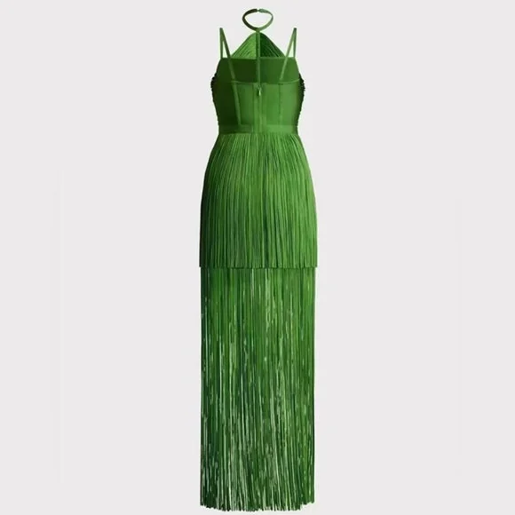Green Halter Neck Fringe Midi Dress - Elegant Statement Piece