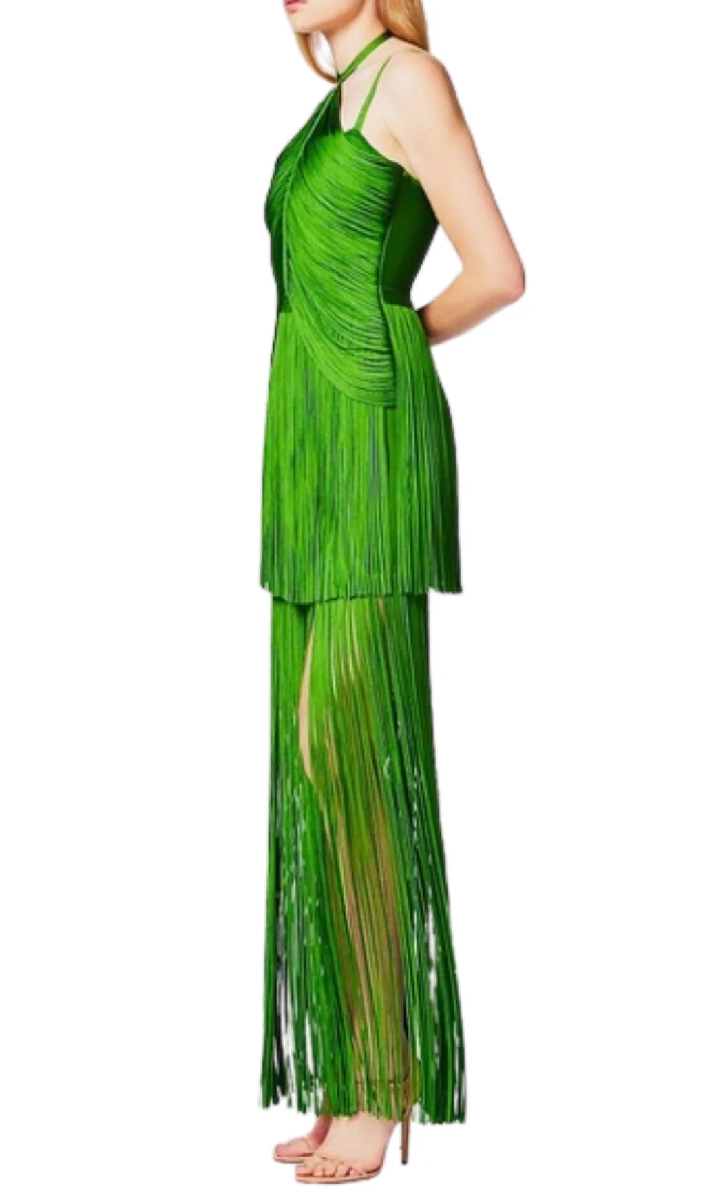 Green Halter Neck Fringe Midi Dress - Elegant Statement Piece