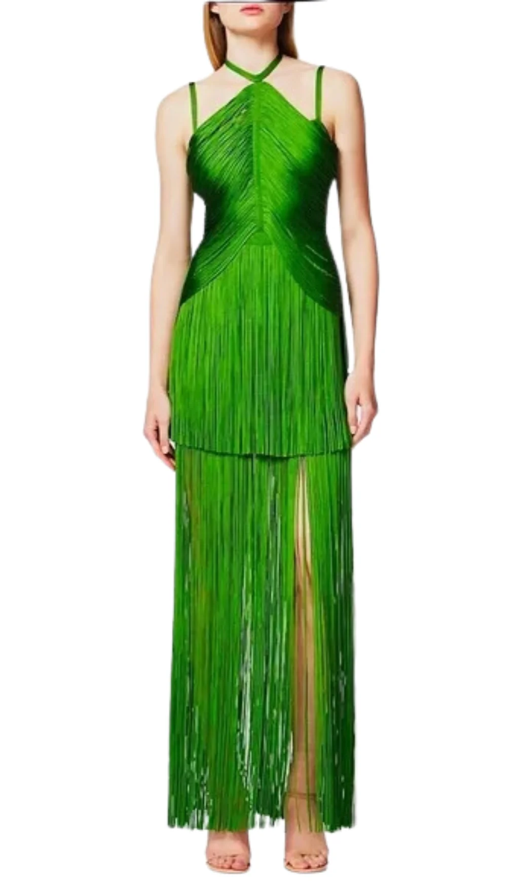 Green Halter Neck Fringe Midi Dress - Elegant Statement Piece
