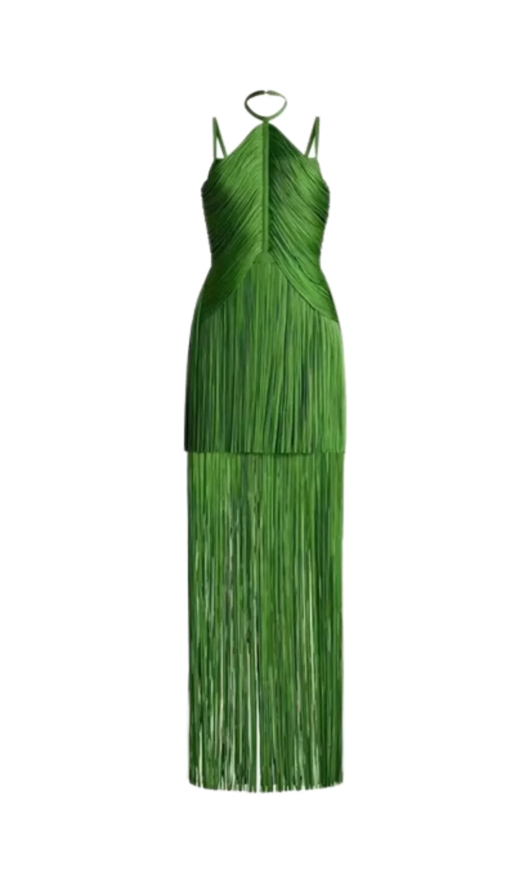 Green Halter Neck Fringe Midi Dress - Elegant Statement Piece