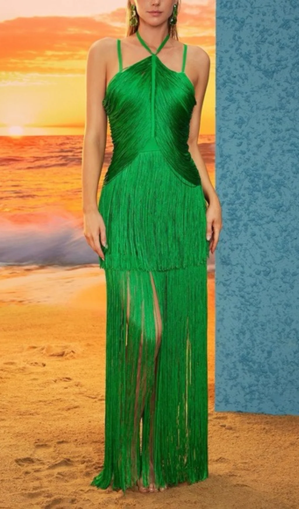Green Halter Neck Fringe Midi Dress - Elegant Statement Piece
