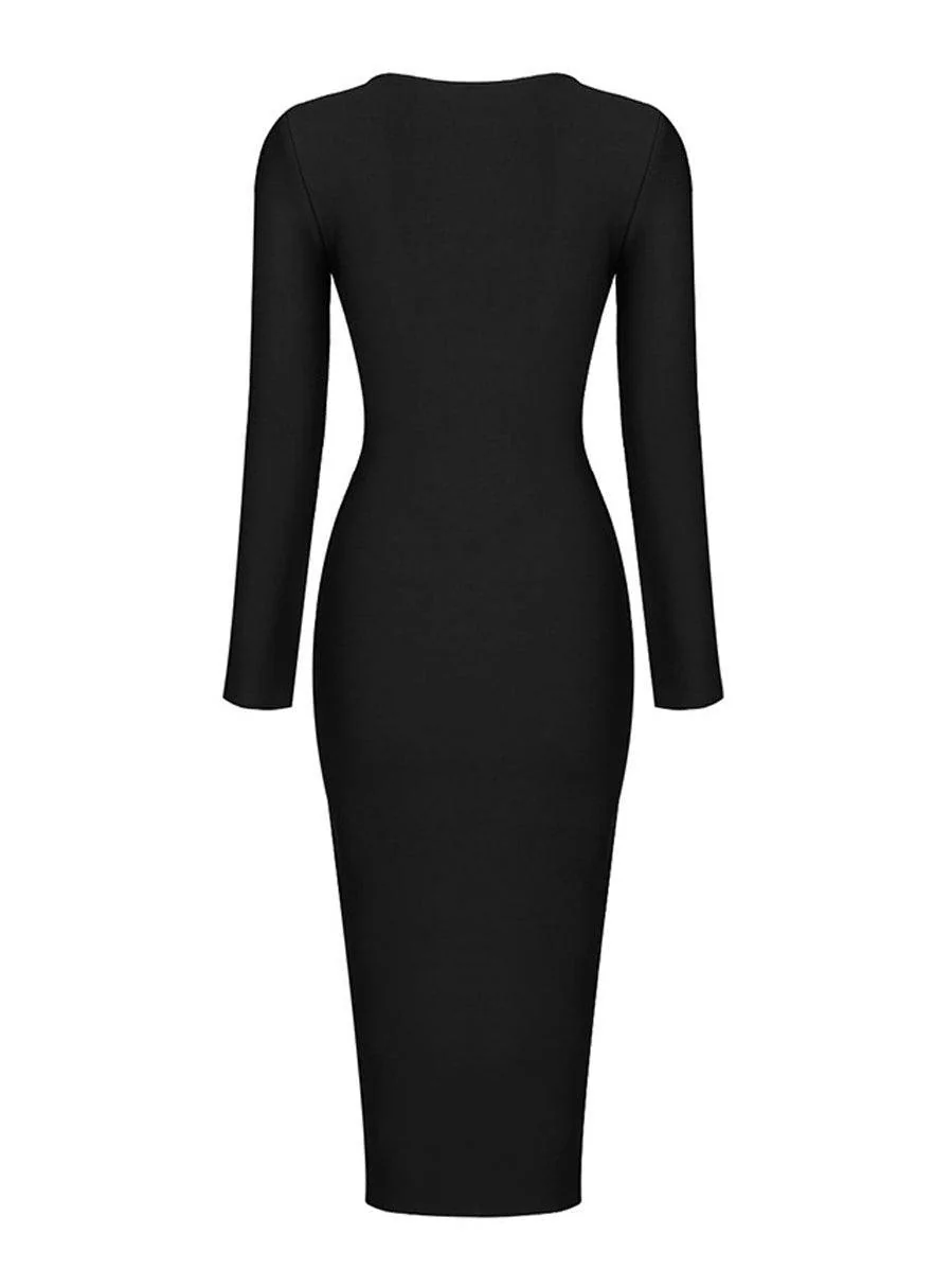 Black Reversible Bandage Midi Dress with Plunge Neckline
