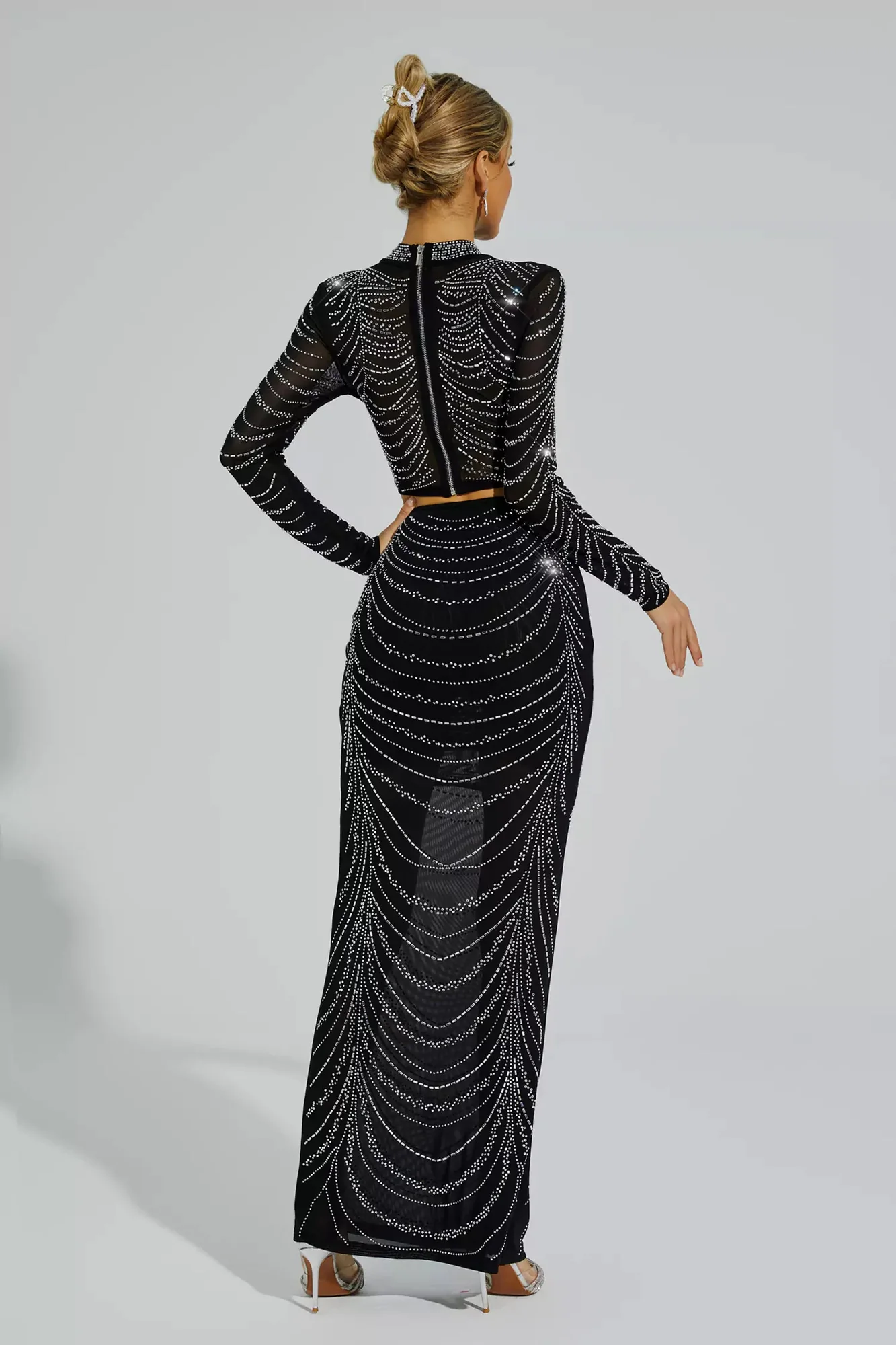 Chic Black Diamond Stamping Top and Skirt Set