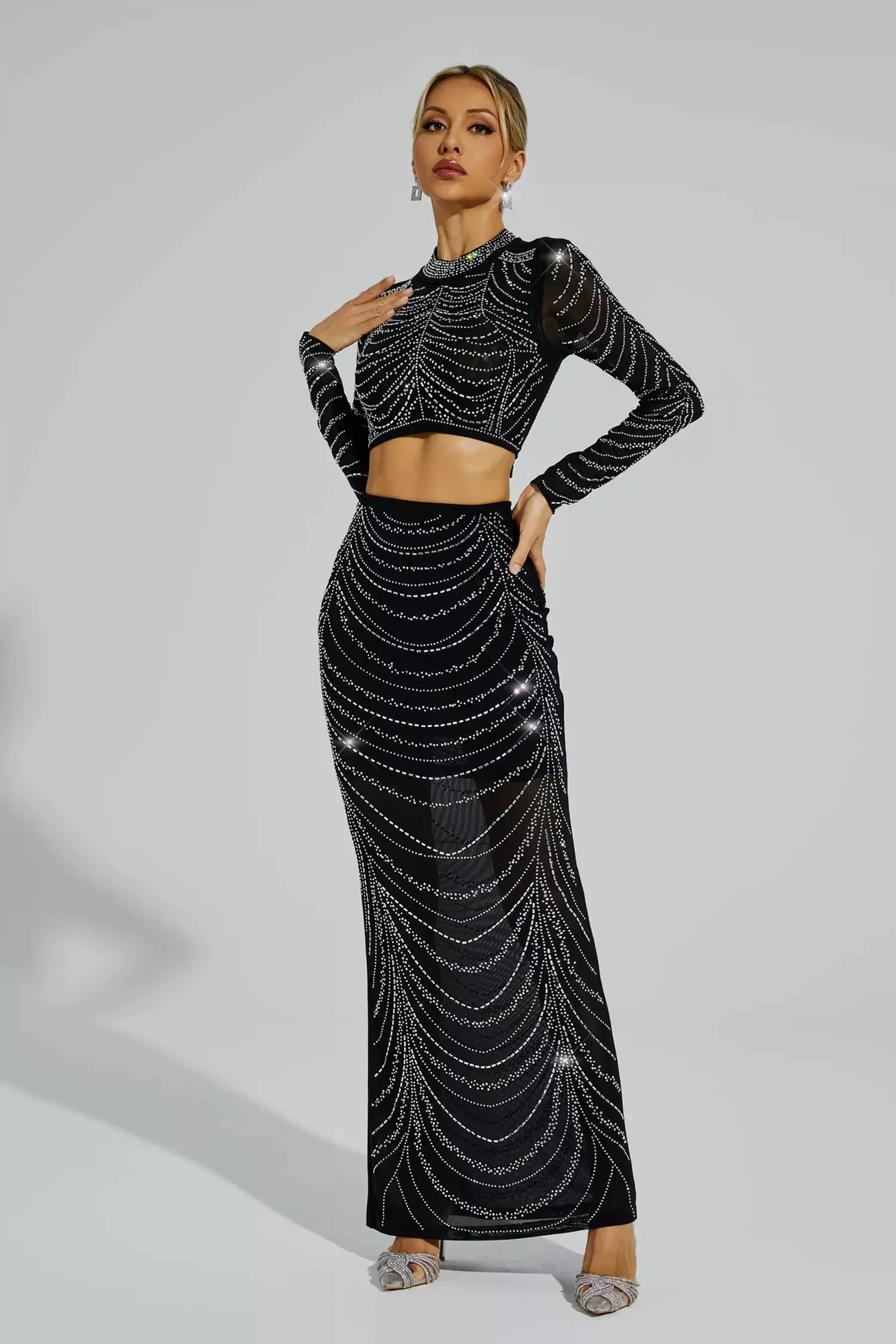 Chic Black Diamond Stamping Top and Skirt Set