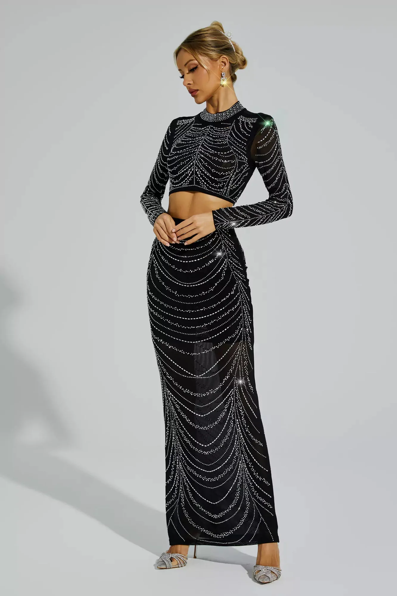 Chic Black Diamond Stamping Top and Skirt Set