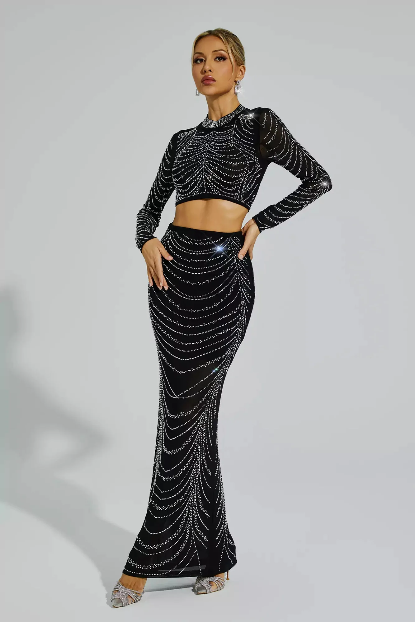 Chic Black Diamond Stamping Top and Skirt Set