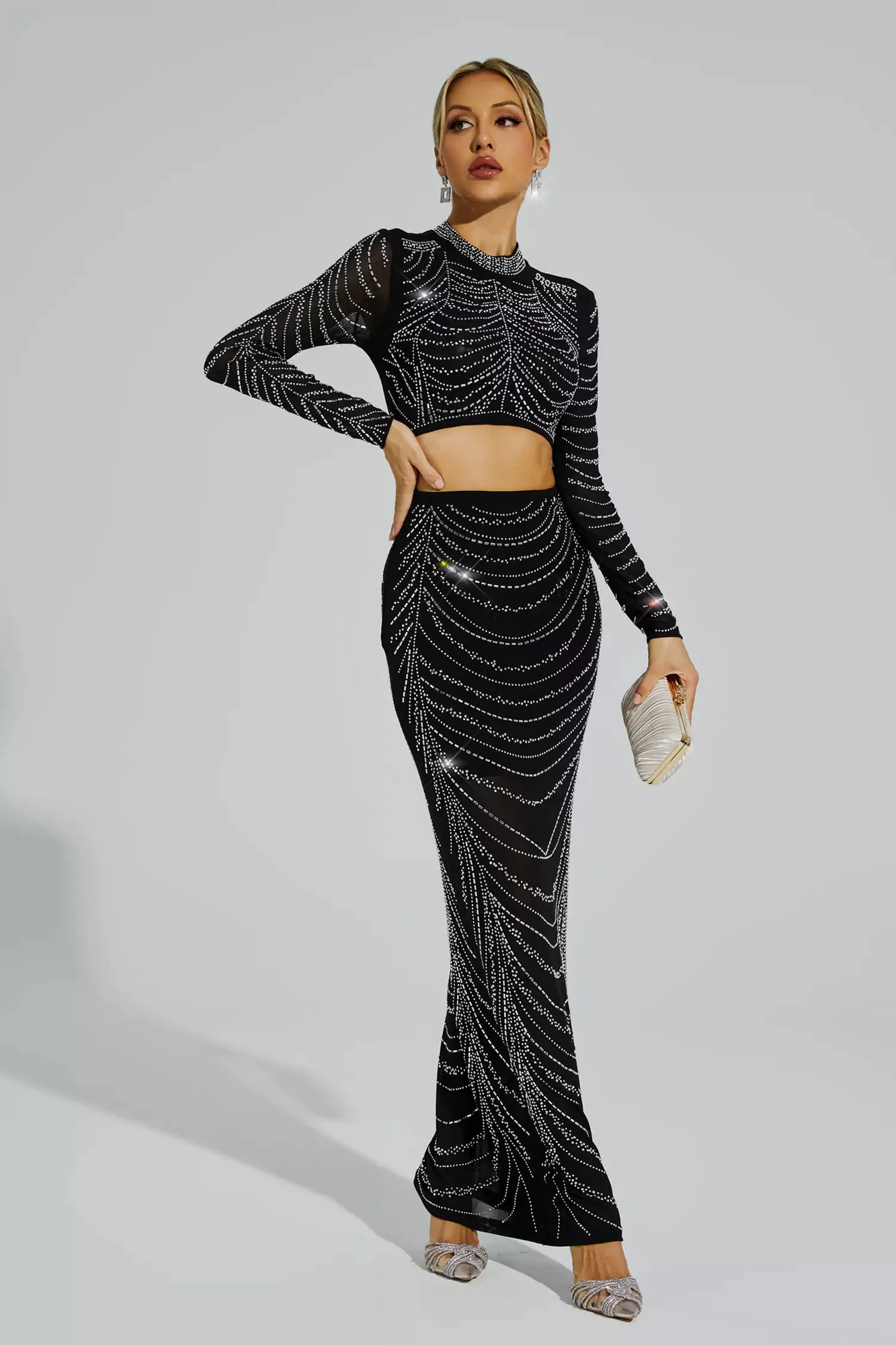 Chic Black Diamond Stamping Top and Skirt Set