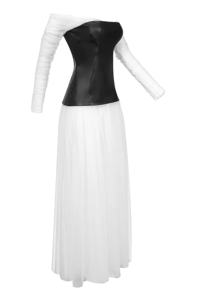 White Mesh Patchwork Puffy Maxi Dress for Women