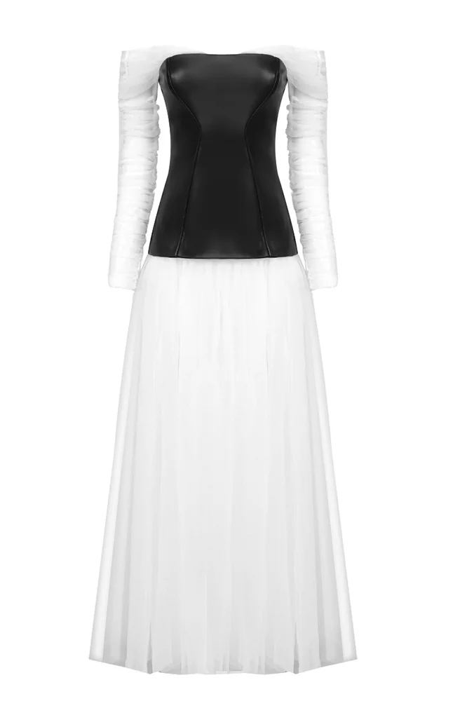 White Mesh Patchwork Puffy Maxi Dress for Women