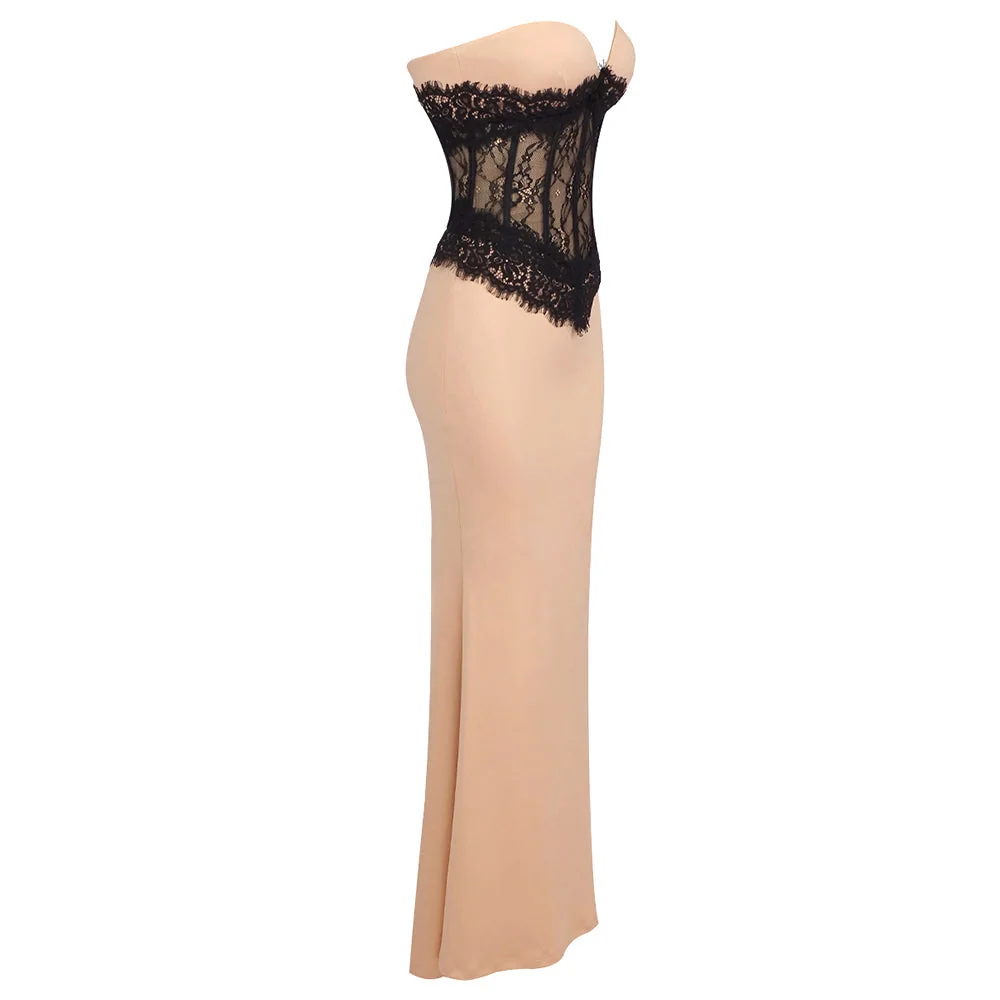 Beige Lace Corset Maxi Dress with Elegant Silhouette
