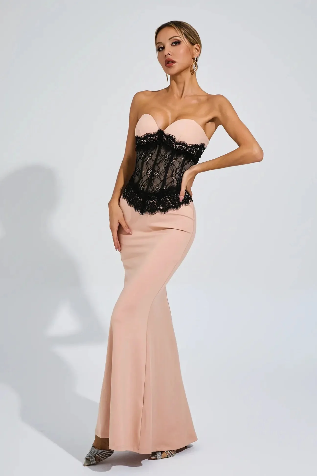 Beige Lace Corset Maxi Dress with Elegant Silhouette