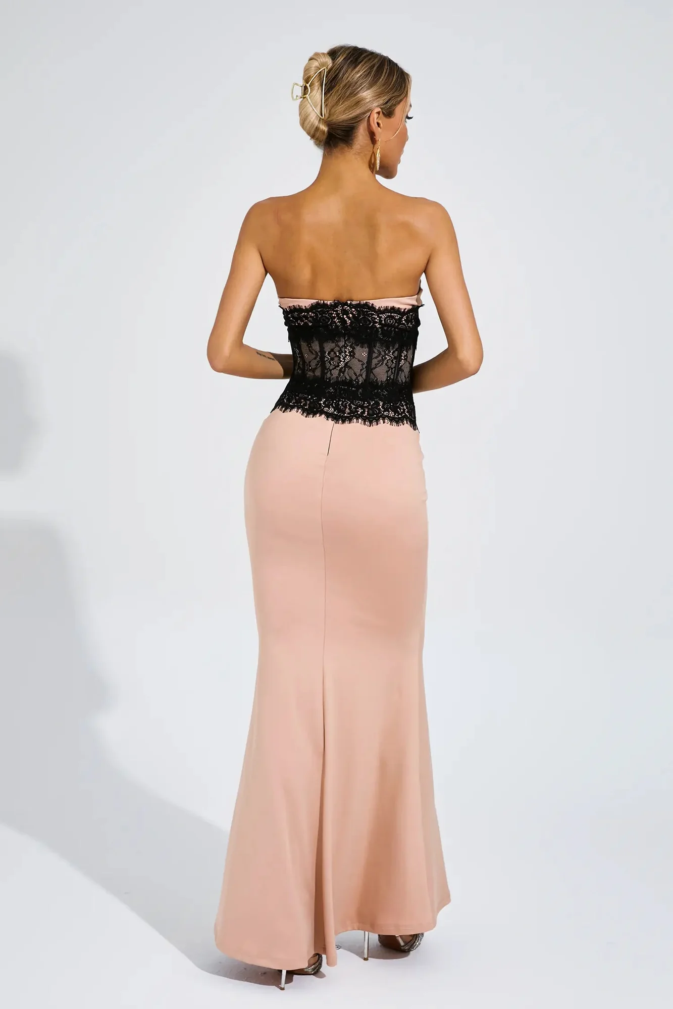 Beige Lace Corset Maxi Dress with Elegant Silhouette
