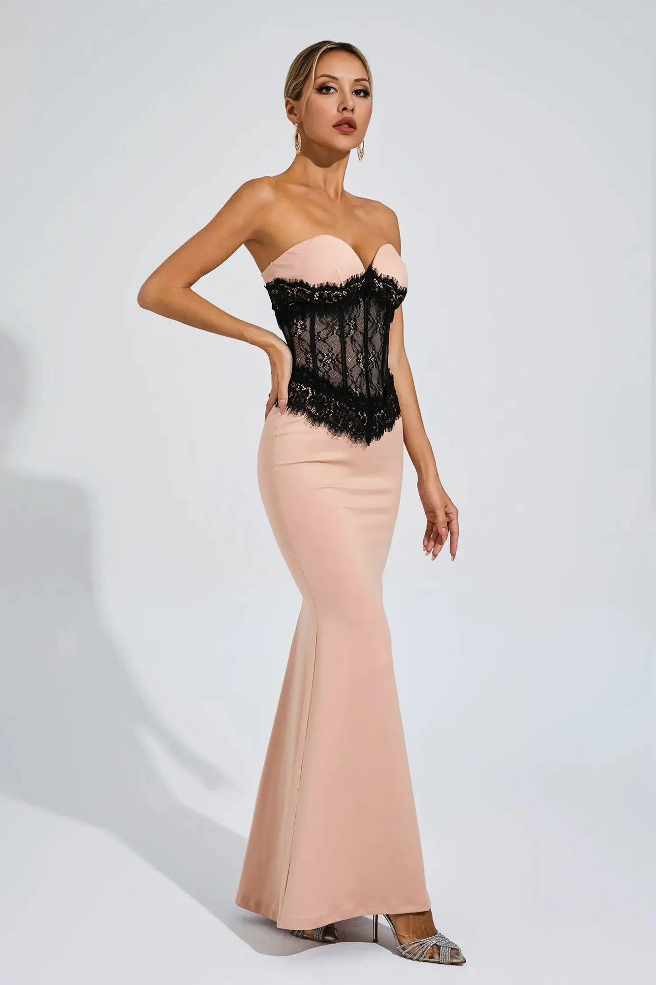 Beige Lace Corset Maxi Dress with Elegant Silhouette