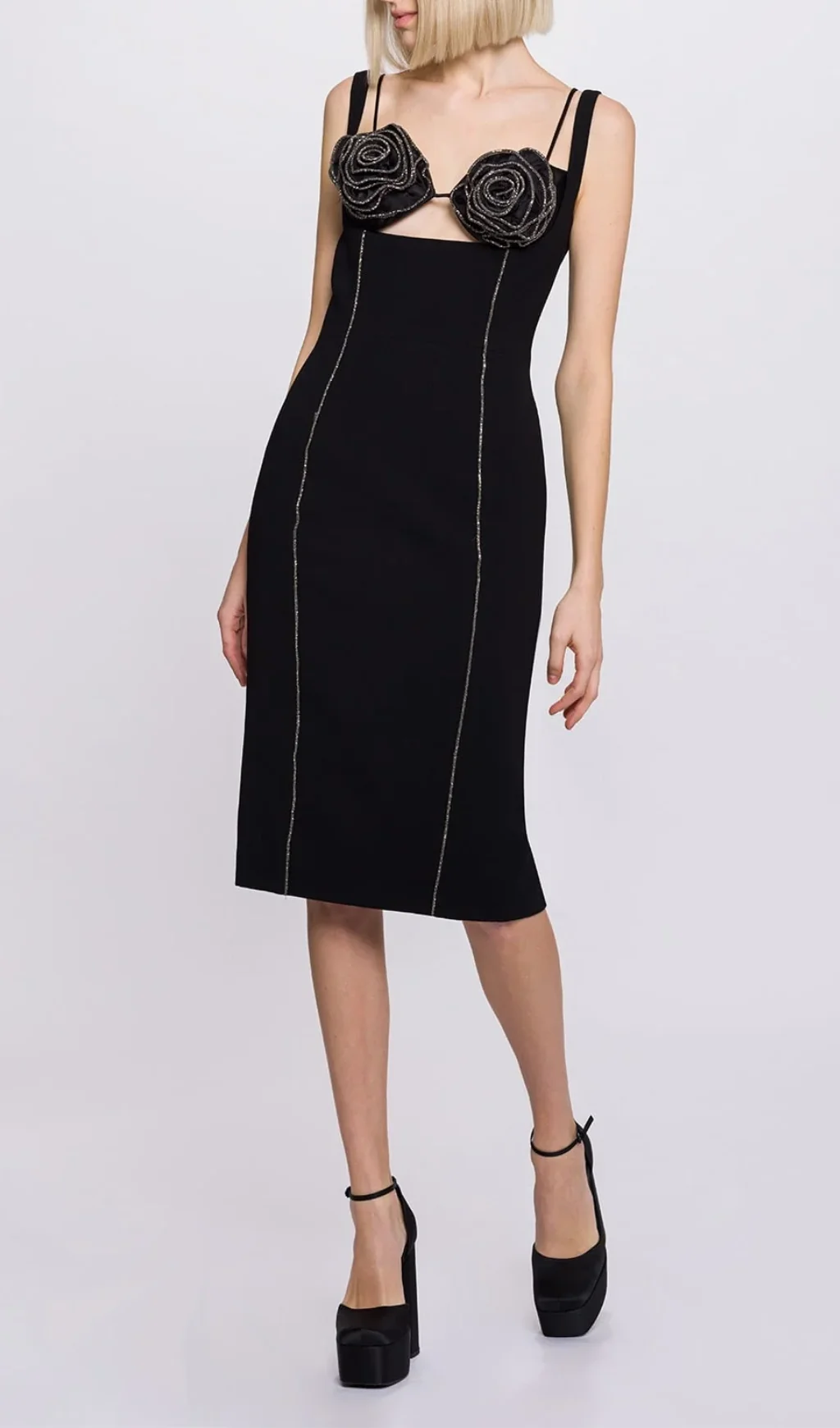 Black Floral Bustier Midi Dress with Silver Trim