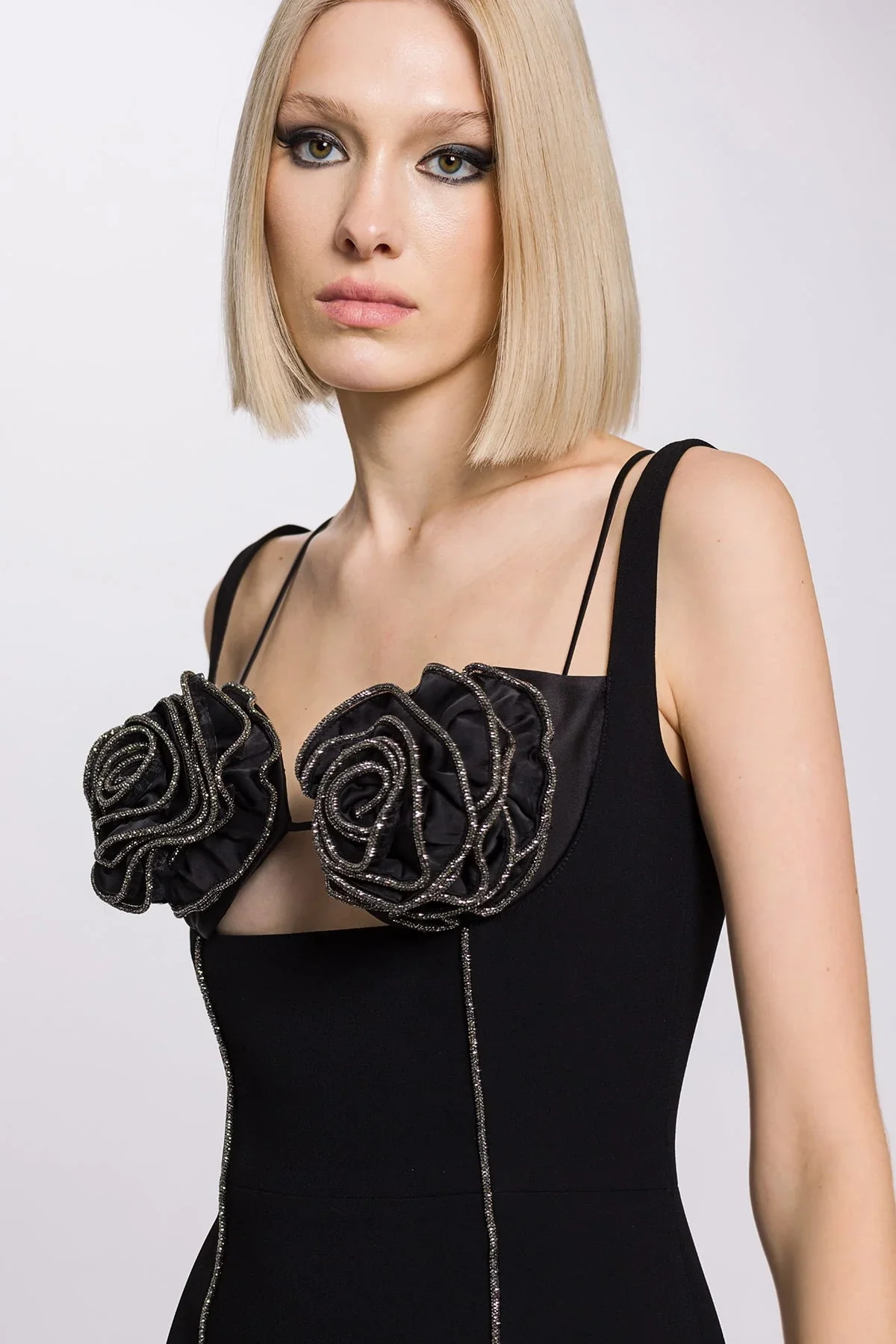 Black Floral Bustier Midi Dress with Silver Trim