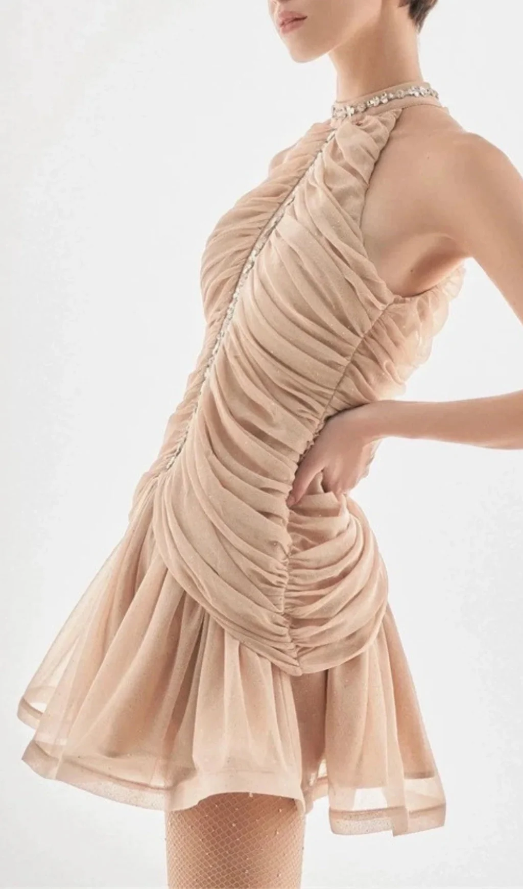 Champagne Ruched Mini Dress with Crystal Embellishments