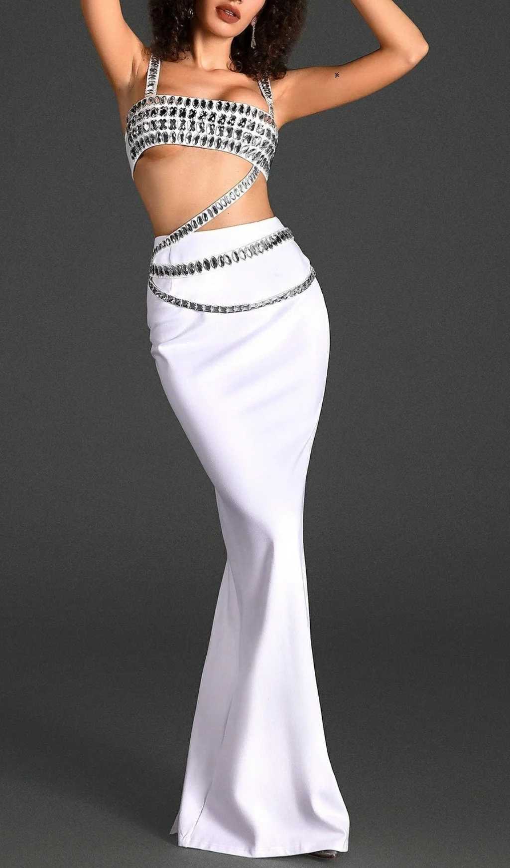 White Crystal Embellished Bandage Two-Piece Set