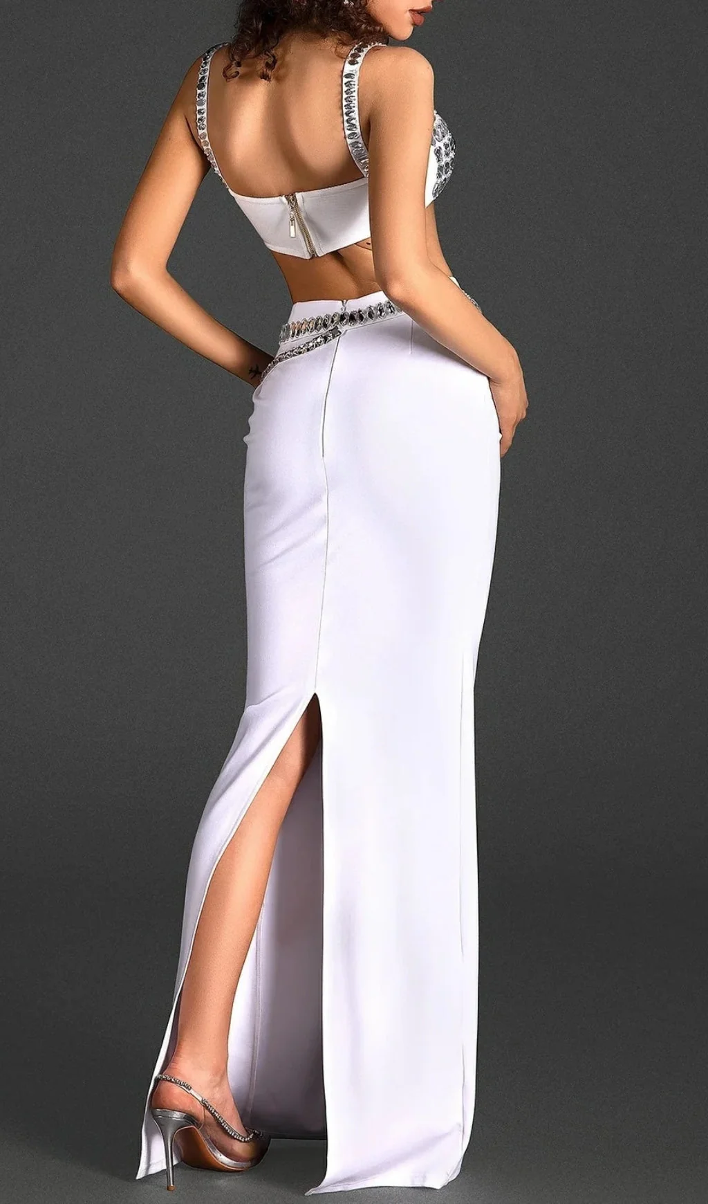 White Crystal Embellished Bandage Two-Piece Set