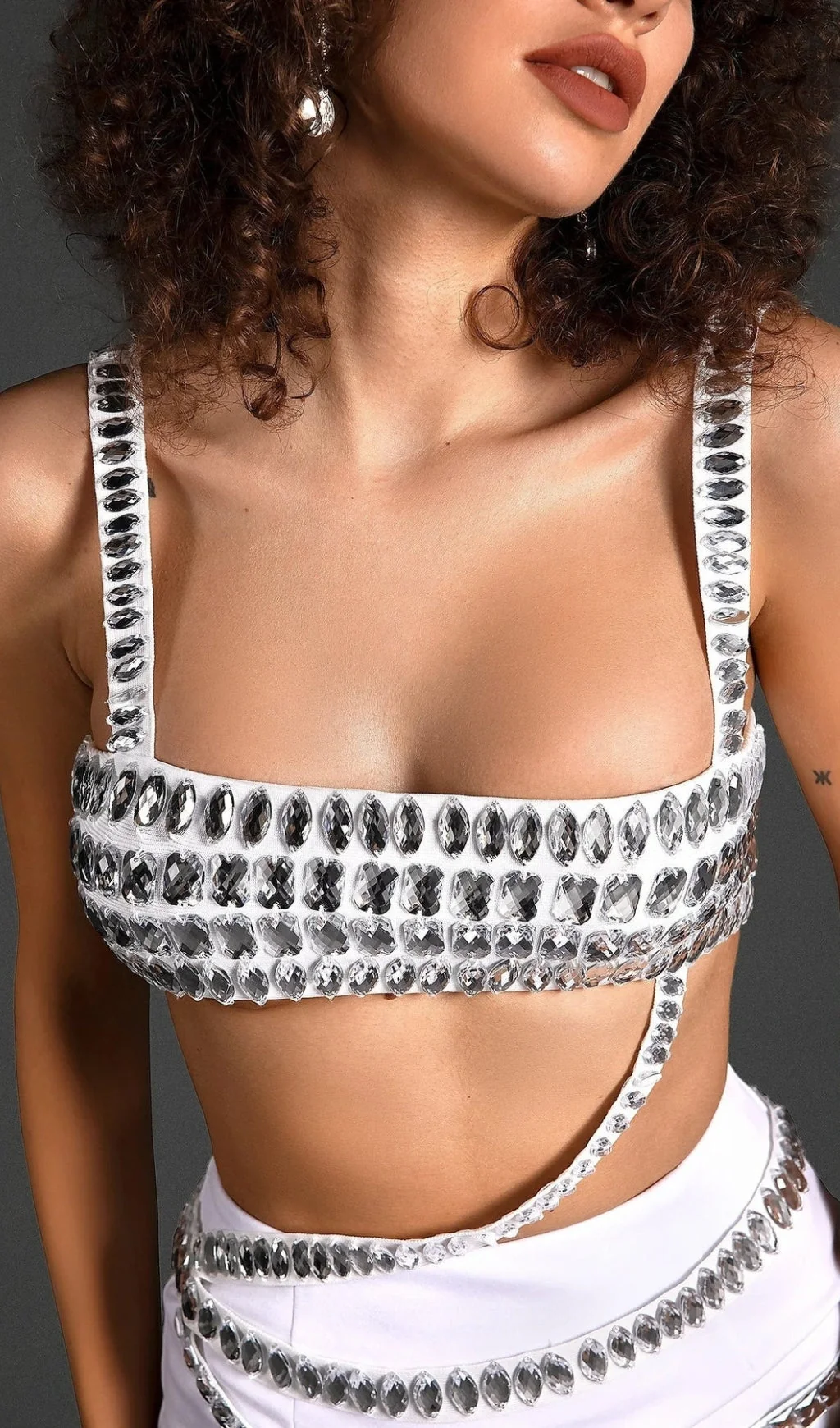 White Crystal Embellished Bandage Two-Piece Set