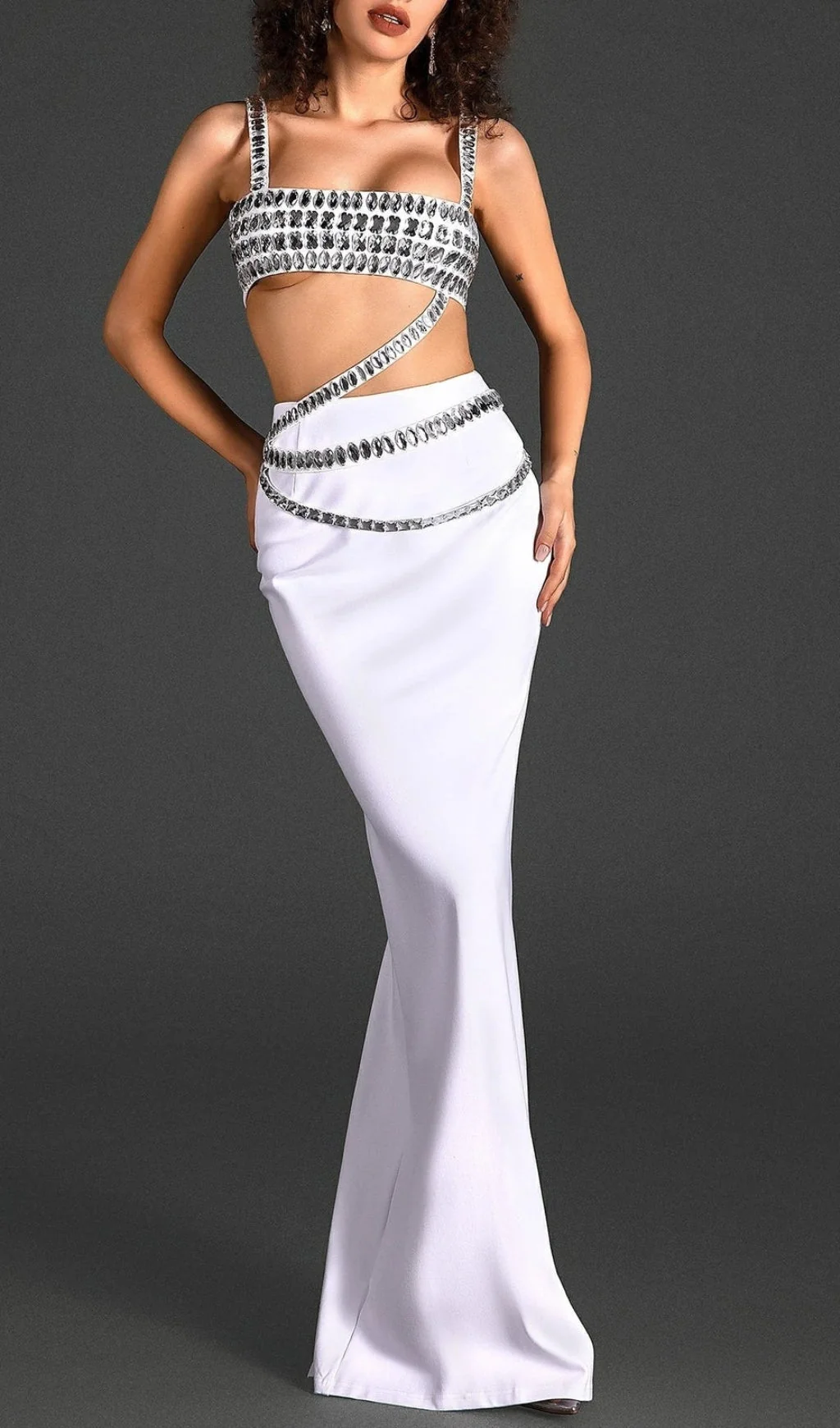 White Crystal Embellished Bandage Two-Piece Set