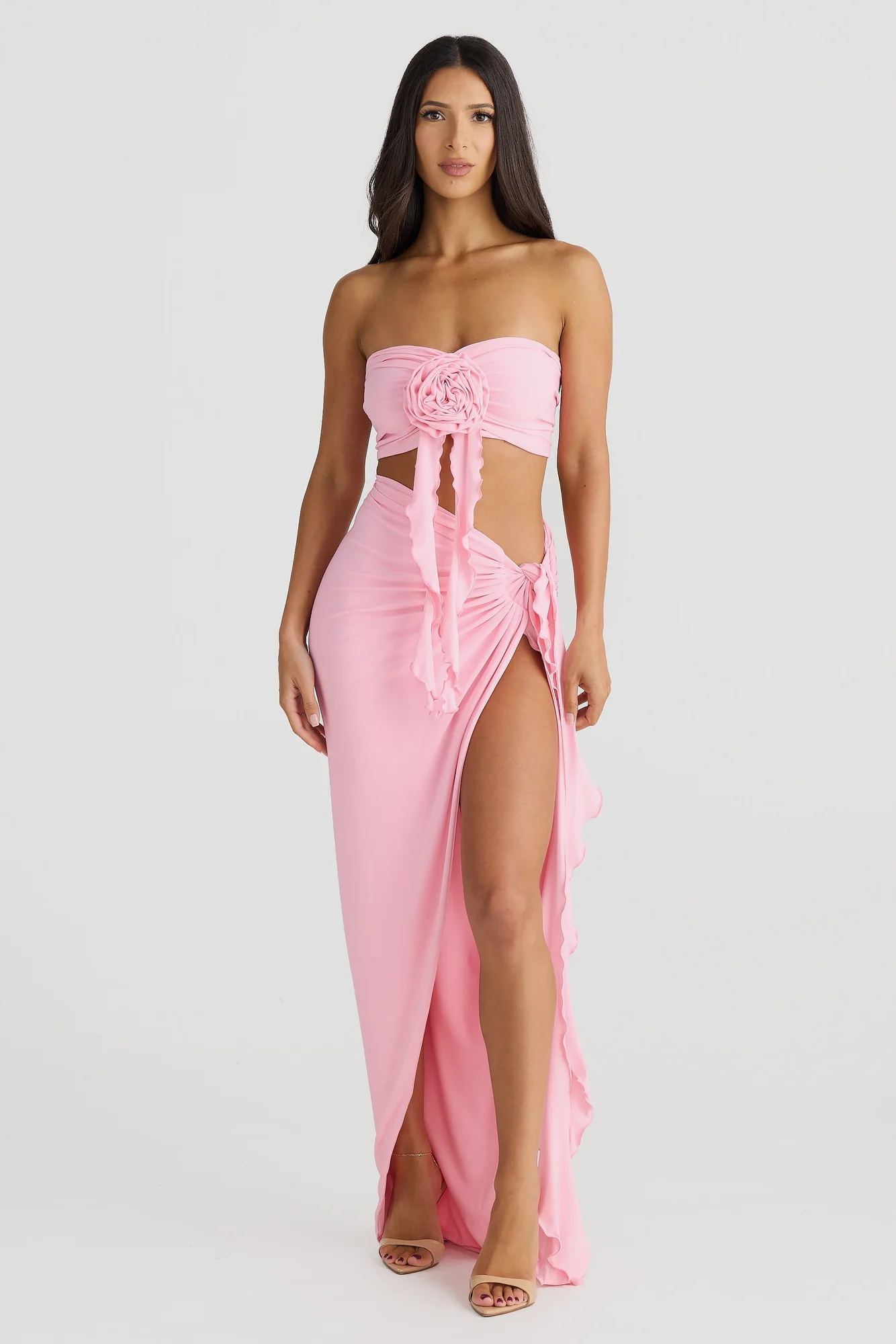Pink Floral Strapless Maxi Two-Piece Set