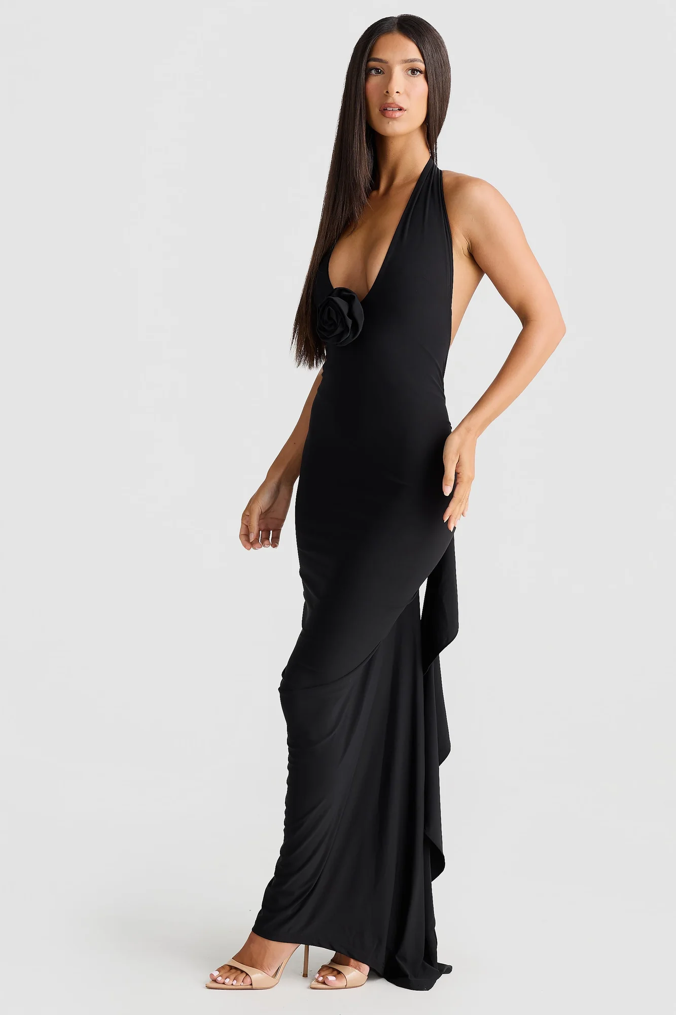 Black Halterneck Maxi Dress with Ruffled Sash