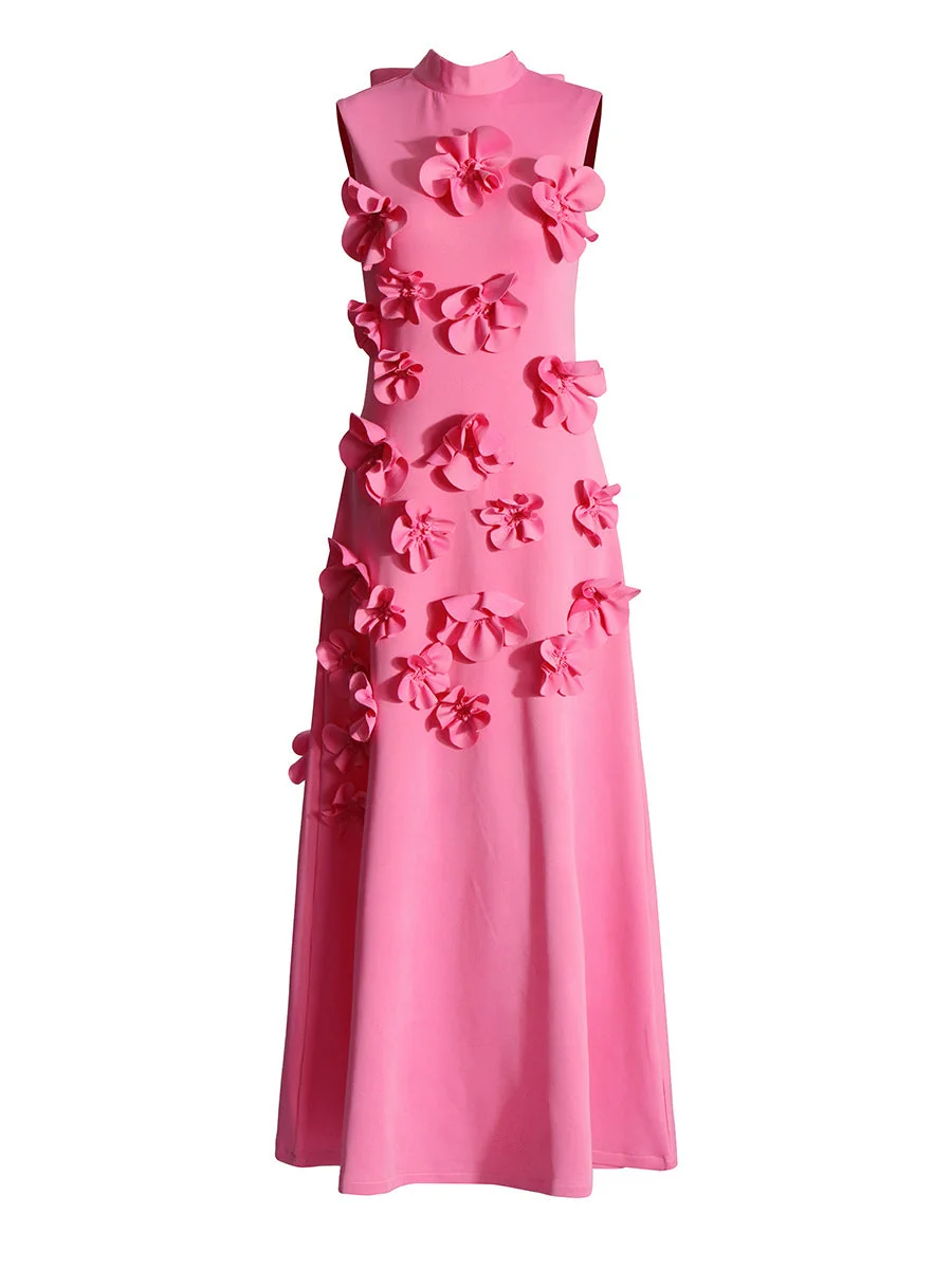 Pink Flower Embellished Maxi Dress - Elegant Floral Design