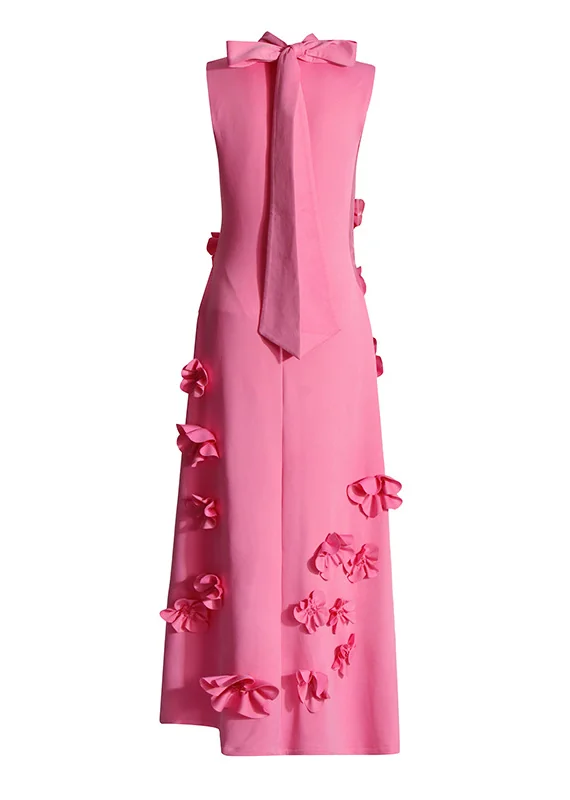Pink Flower Embellished Maxi Dress - Elegant Floral Design