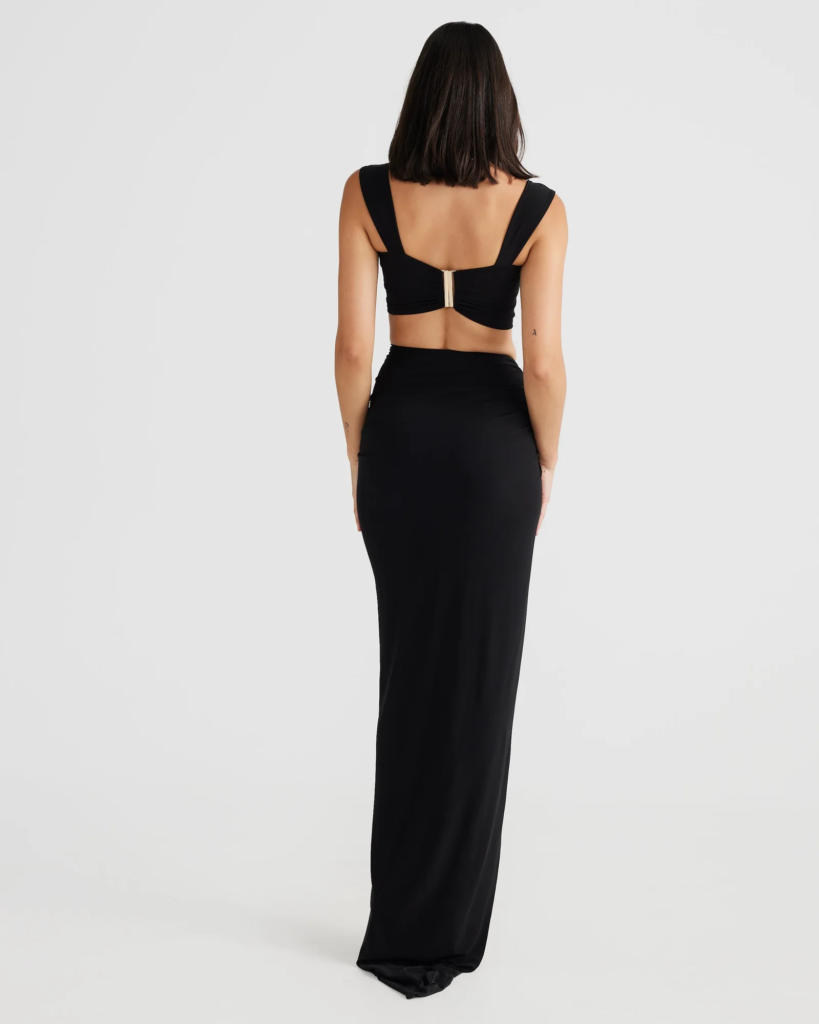 Black Strappy Pleated Slit Skirt Set with Gold Detailing