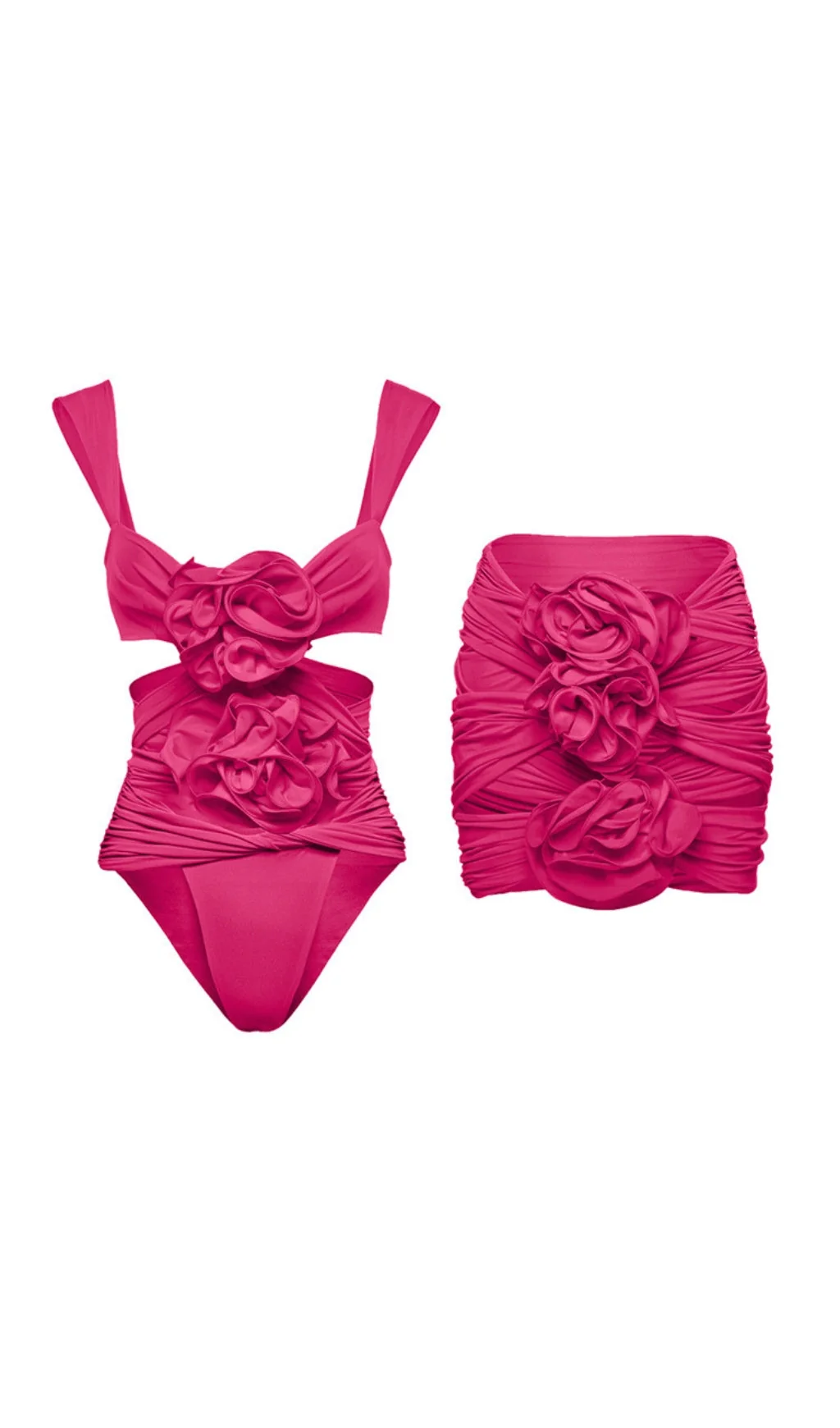 Pink 3D Flower One Piece Swimsuit with Skirt