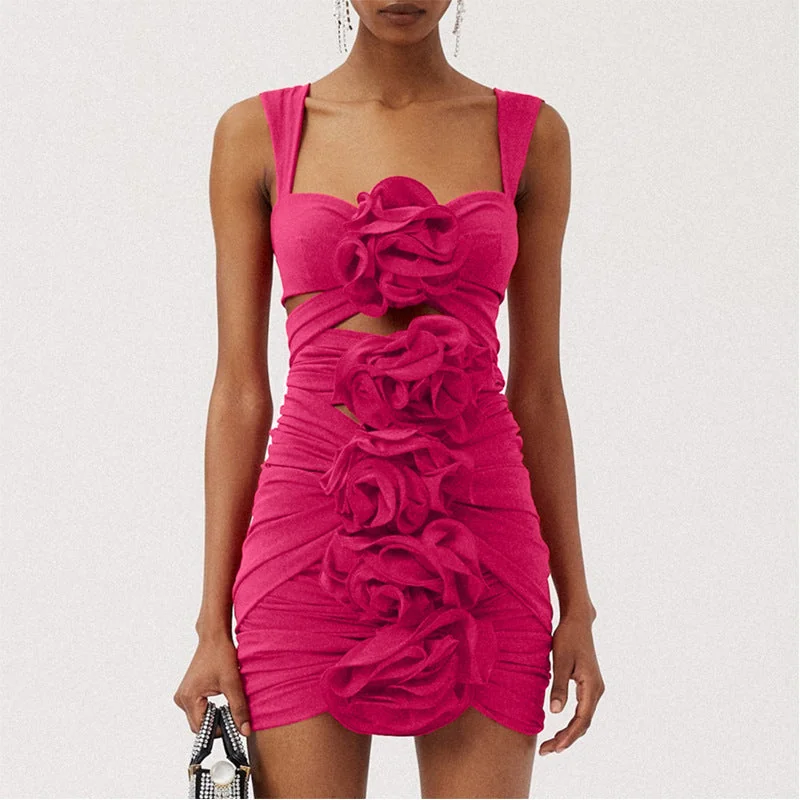 Pink 3D Flower One Piece Swimsuit with Skirt