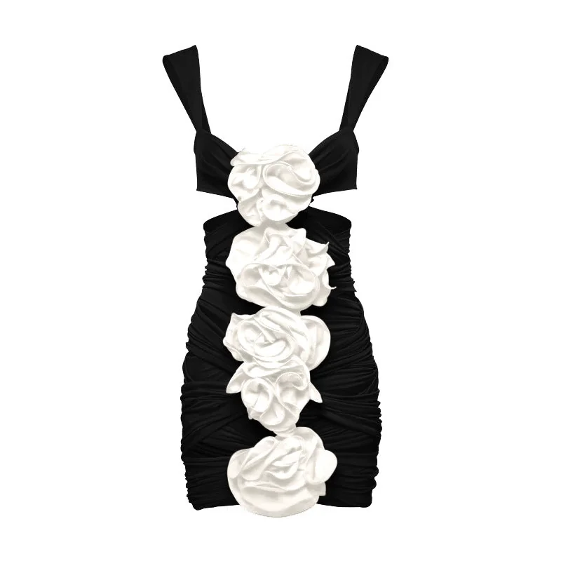 Black Floral 3D One-Piece Swimsuit with Skirt